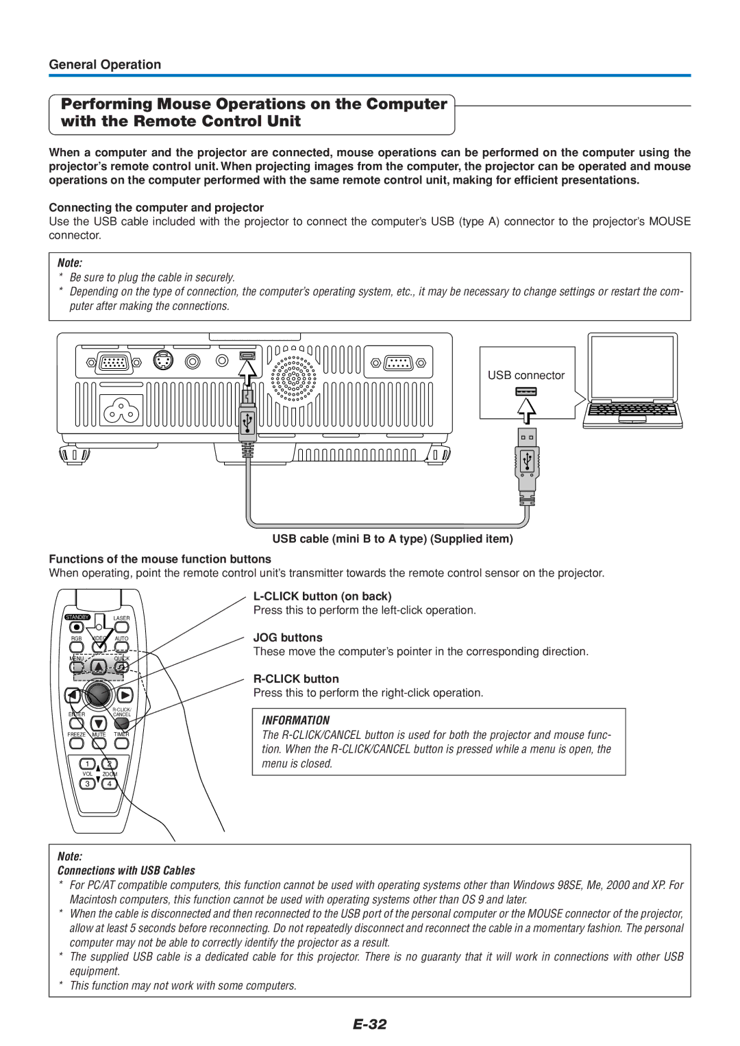 Mitsubishi Electronics DATA PROJECTOR user manual Connecting the computer and projector, Click button on back, JOG buttons 