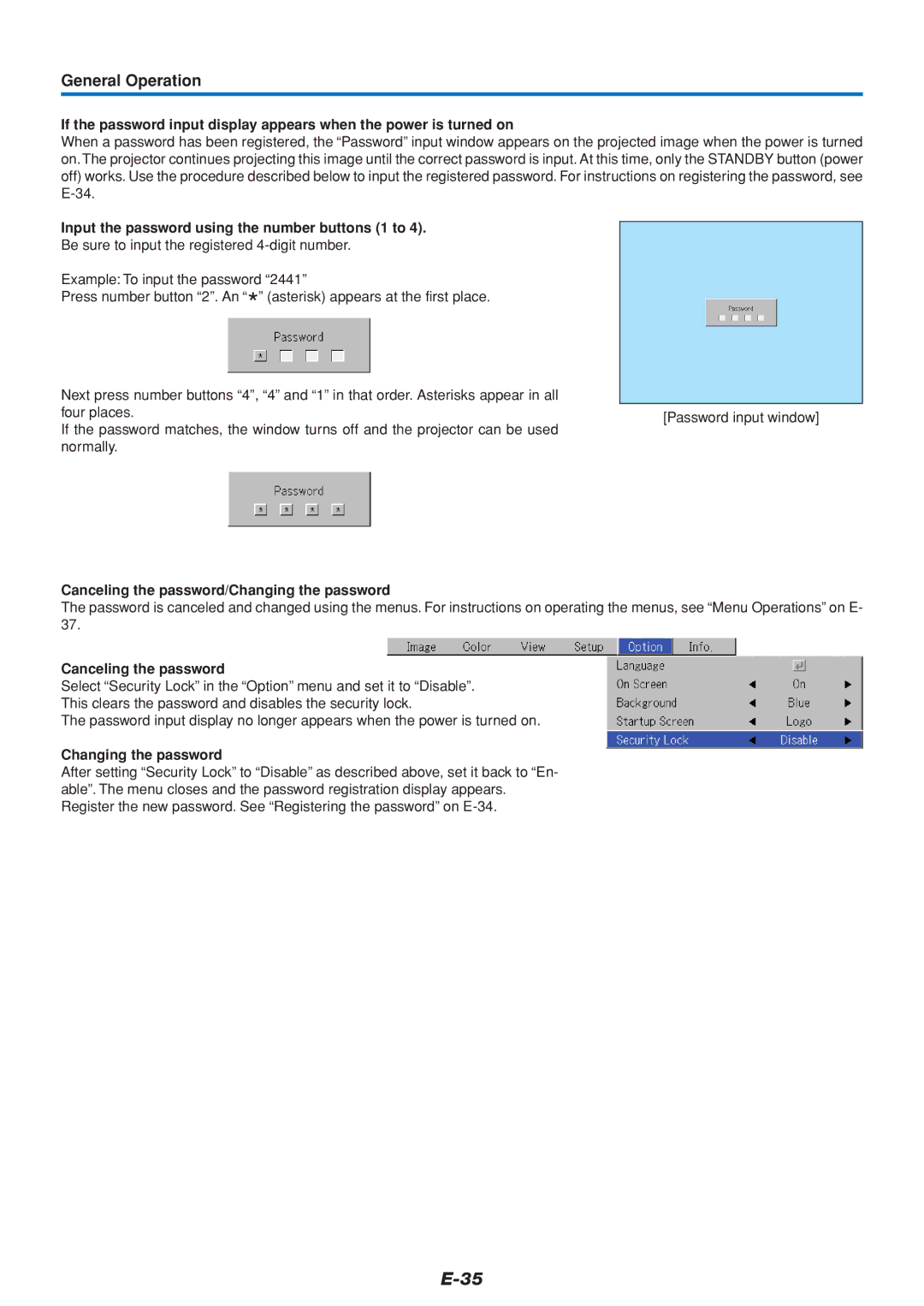 Mitsubishi Electronics DATA PROJECTOR user manual Input the password using the number buttons 1 to, Canceling the password 