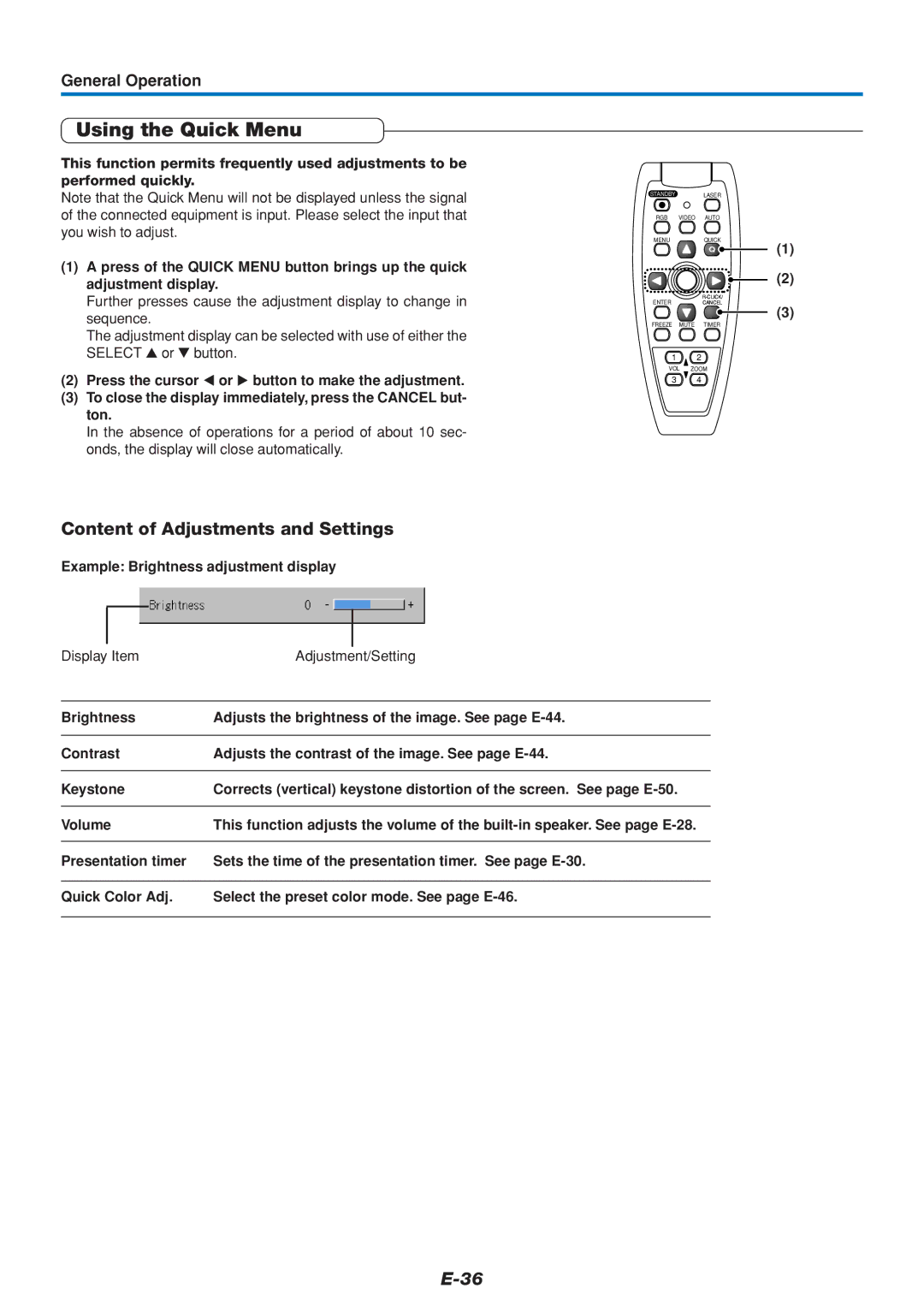 Mitsubishi Electronics DATA PROJECTOR user manual Using the Quick Menu, Content of Adjustments and Settings, Volume 