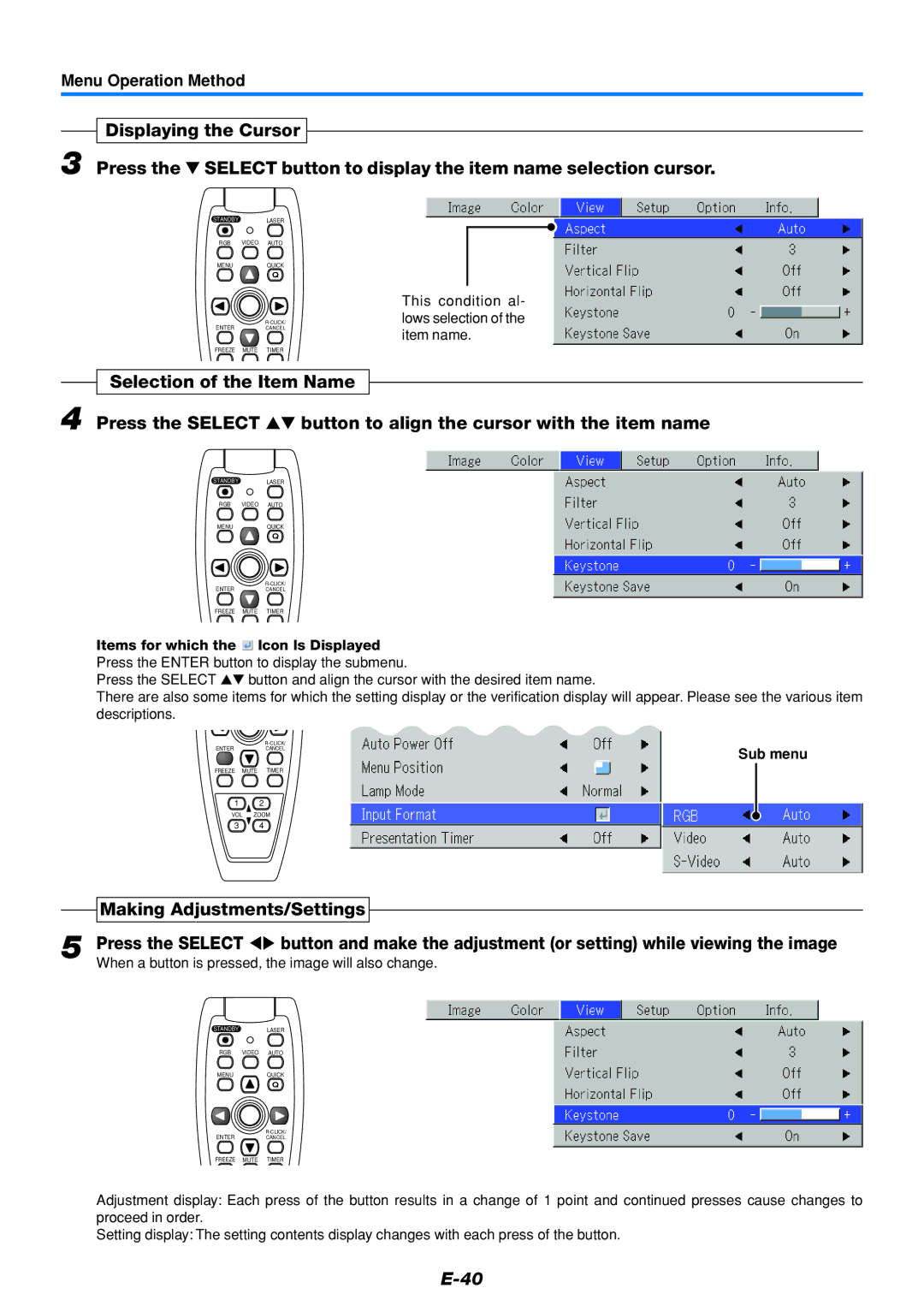 Mitsubishi Electronics DATA PROJECTOR user manual Making Adjustments/Settings, Sub menu 