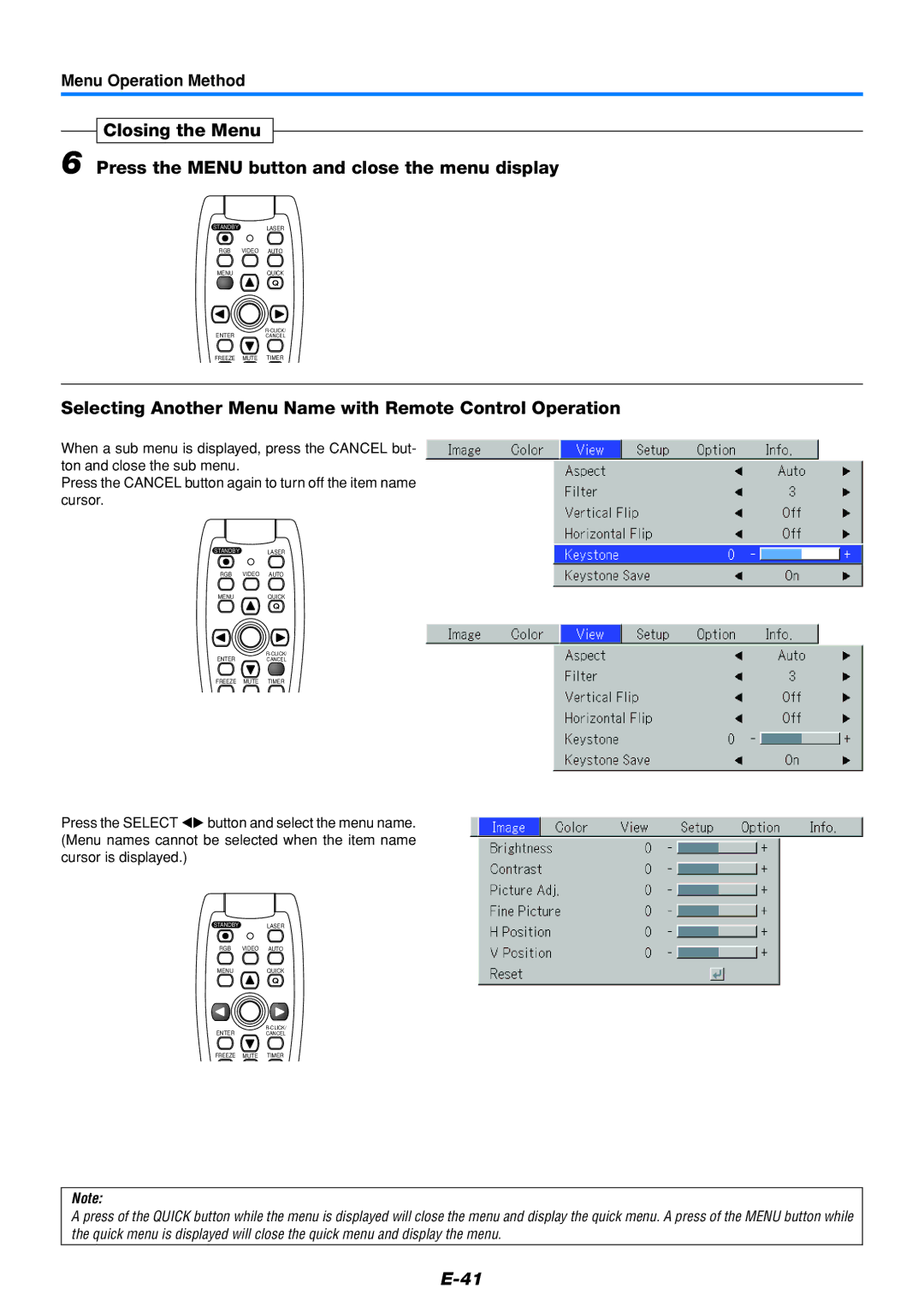 Mitsubishi Electronics DATA PROJECTOR user manual Selecting Another Menu Name with Remote Control Operation 