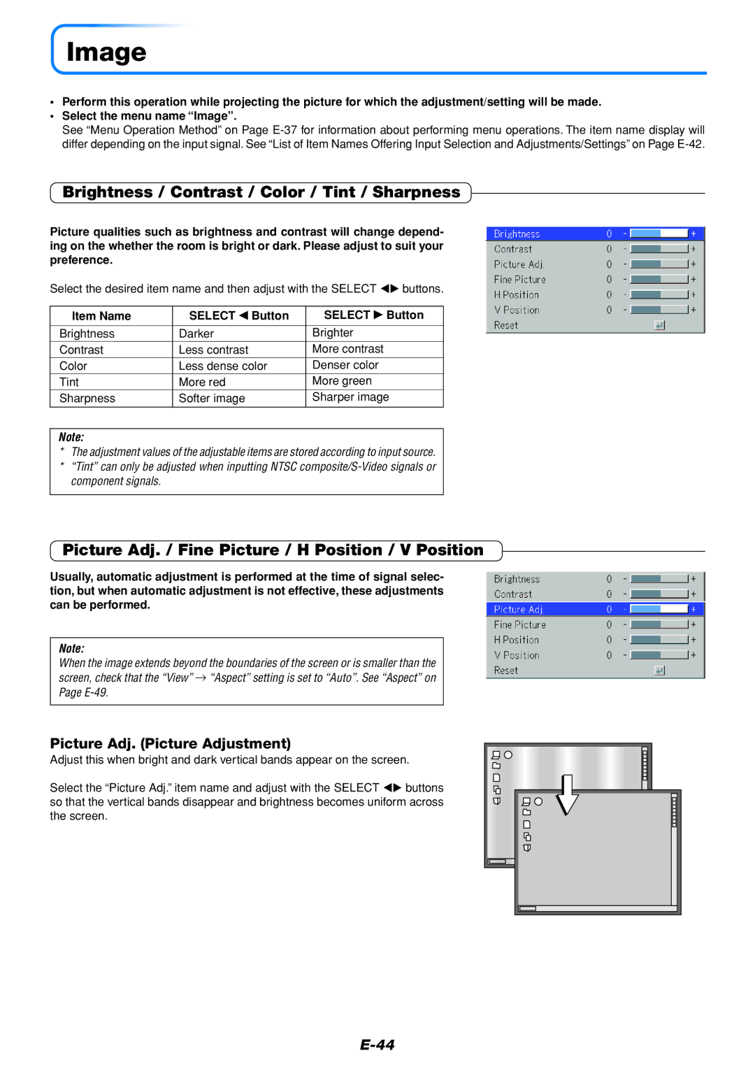 Mitsubishi Electronics DATA PROJECTOR Image, Brightness / Contrast / Color / Tint / Sharpness, Item Name Select Button 