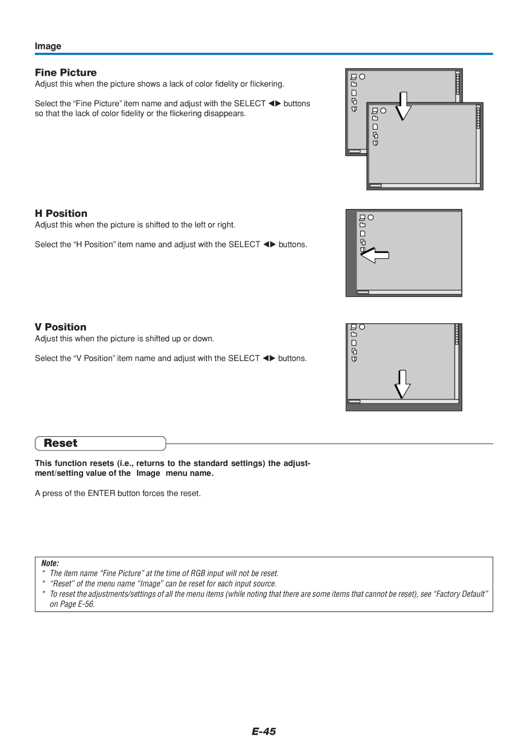 Mitsubishi Electronics DATA PROJECTOR user manual Reset, Fine Picture, Position, Image 