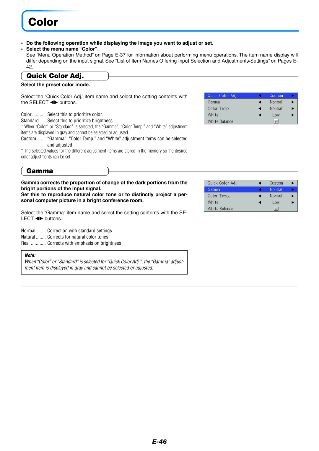 Mitsubishi Electronics DATA PROJECTOR user manual Quick Color Adj, Gamma, Select the preset color mode 