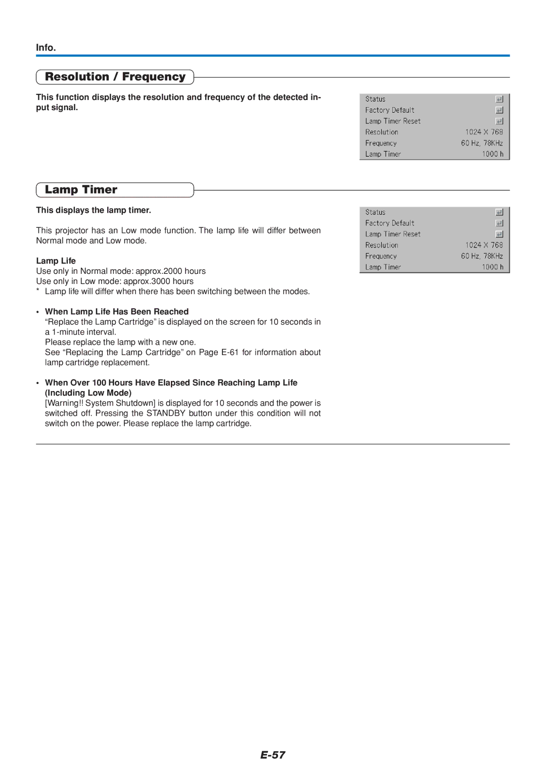 Mitsubishi Electronics DATA PROJECTOR user manual Resolution / Frequency, Lamp Timer, Info 