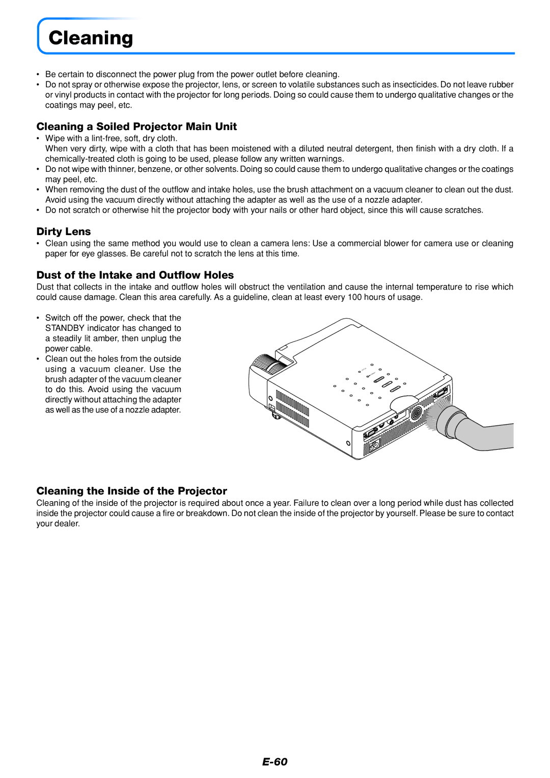 Mitsubishi Electronics DATA PROJECTOR user manual Cleaning a Soiled Projector Main Unit, Dirty Lens 