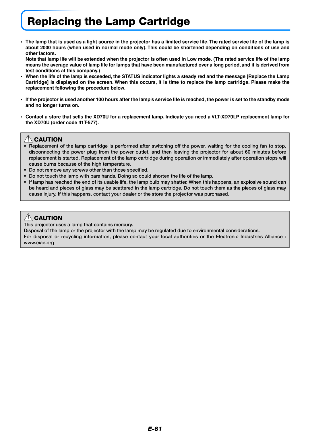 Mitsubishi Electronics DATA PROJECTOR user manual Replacing the Lamp Cartridge 