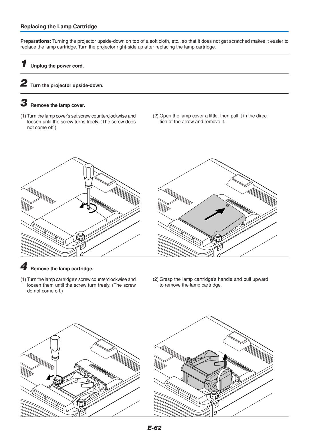 Mitsubishi Electronics DATA PROJECTOR user manual Replacing the Lamp Cartridge, Remove the lamp cartridge 