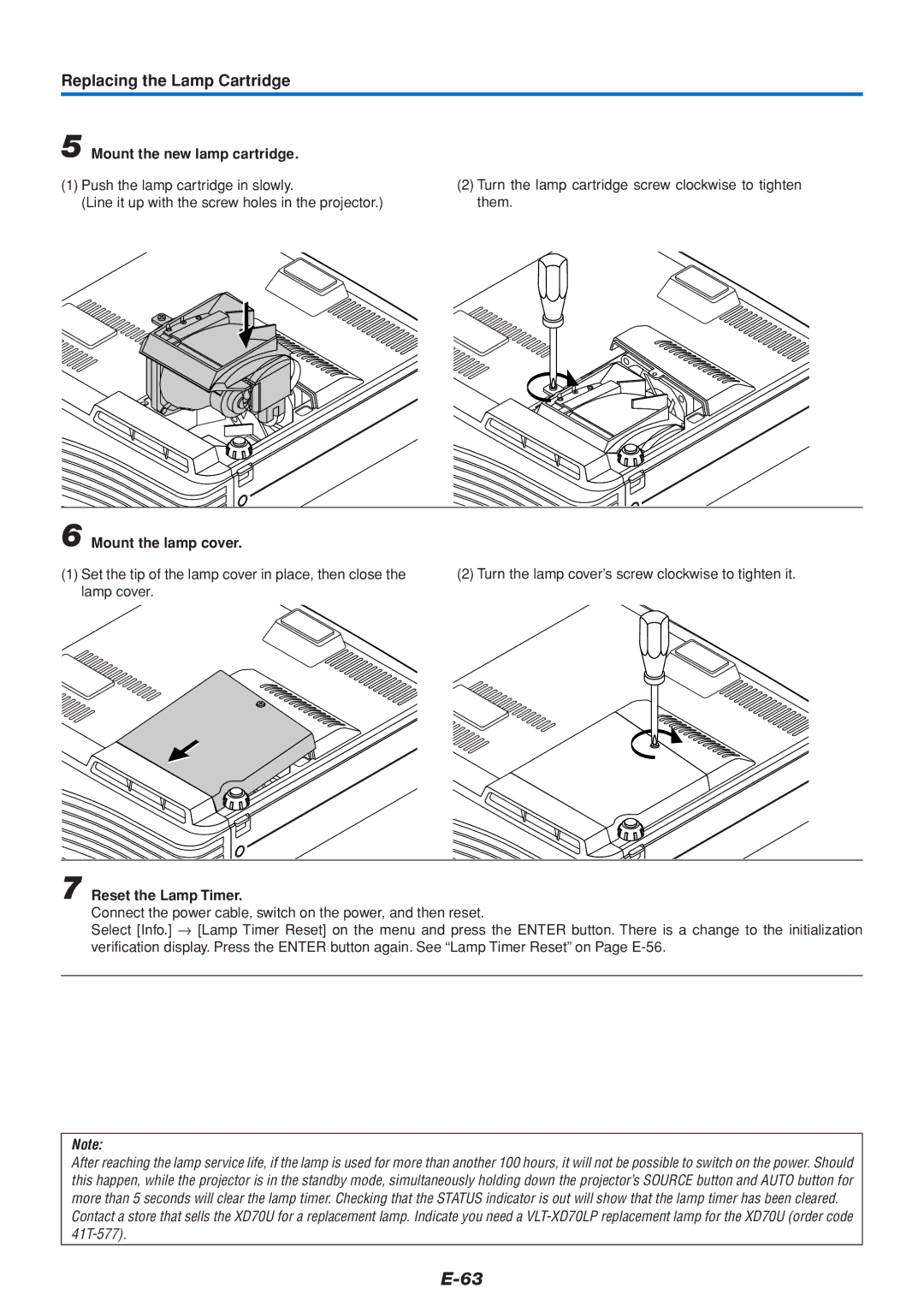 Mitsubishi Electronics DATA PROJECTOR user manual Mount the new lamp cartridge, Mount the lamp cover, Reset the Lamp Timer 