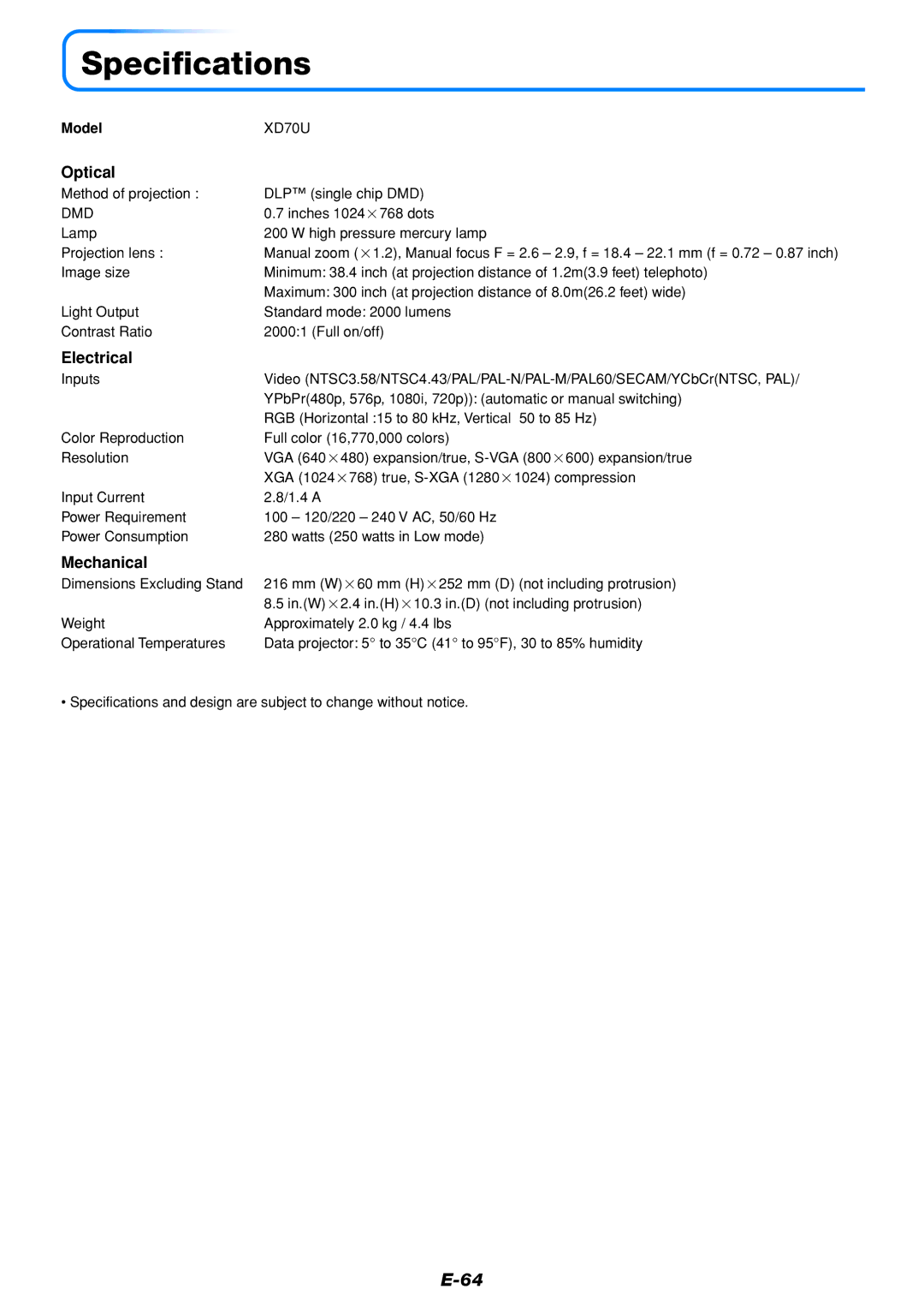 Mitsubishi Electronics DATA PROJECTOR user manual Specifications, Optical, Electrical, Mechanical, ModelXD70U 