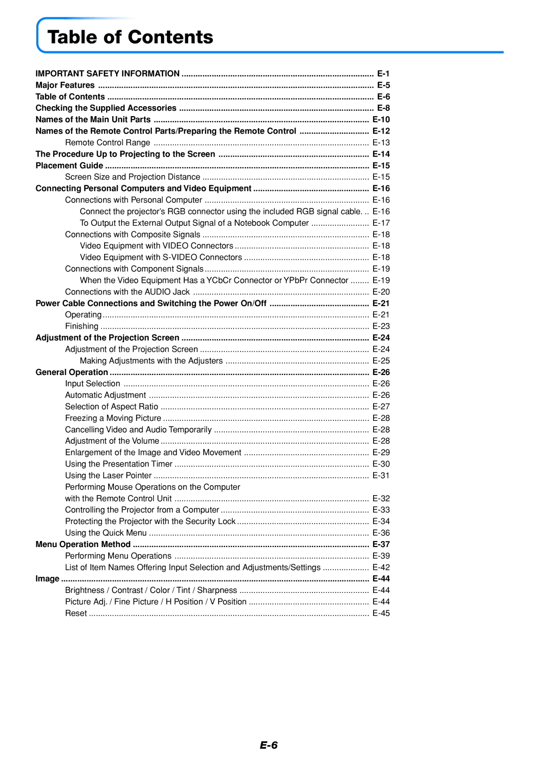 Mitsubishi Electronics DATA PROJECTOR user manual Table of Contents 