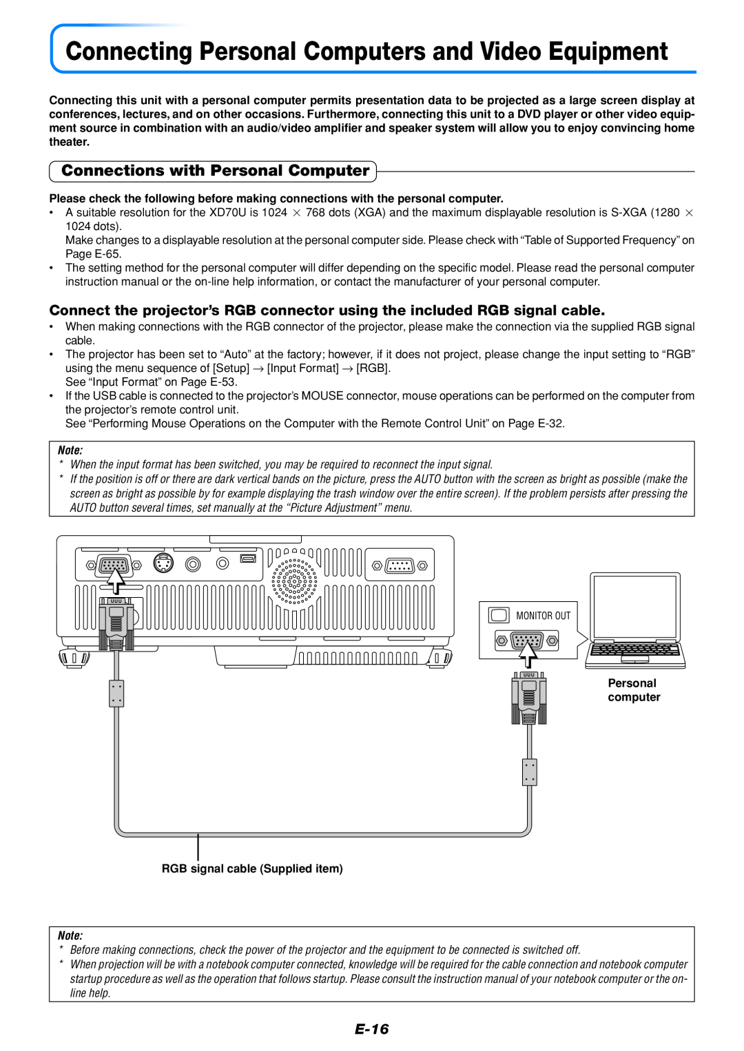 Mitsubishi Electronics DATA PROJECTOR user manual Connections with Personal Computer, E-16 