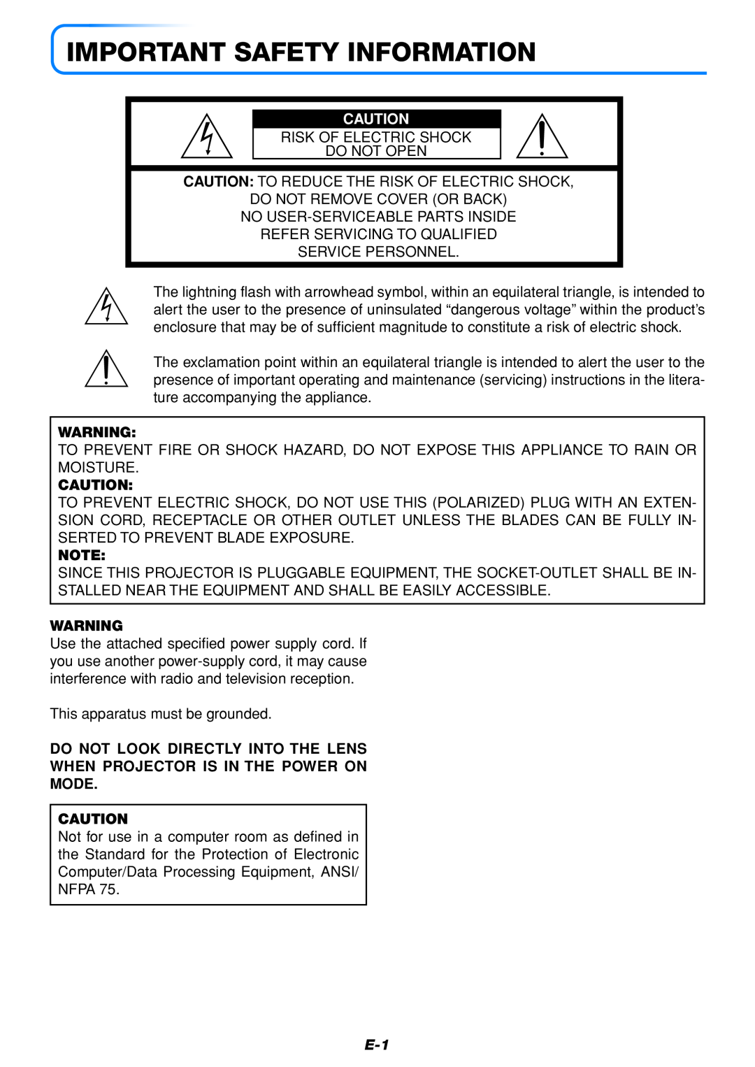 Mitsubishi Electronics DATA PROJECTOR user manual Important Safety Information, Mode 