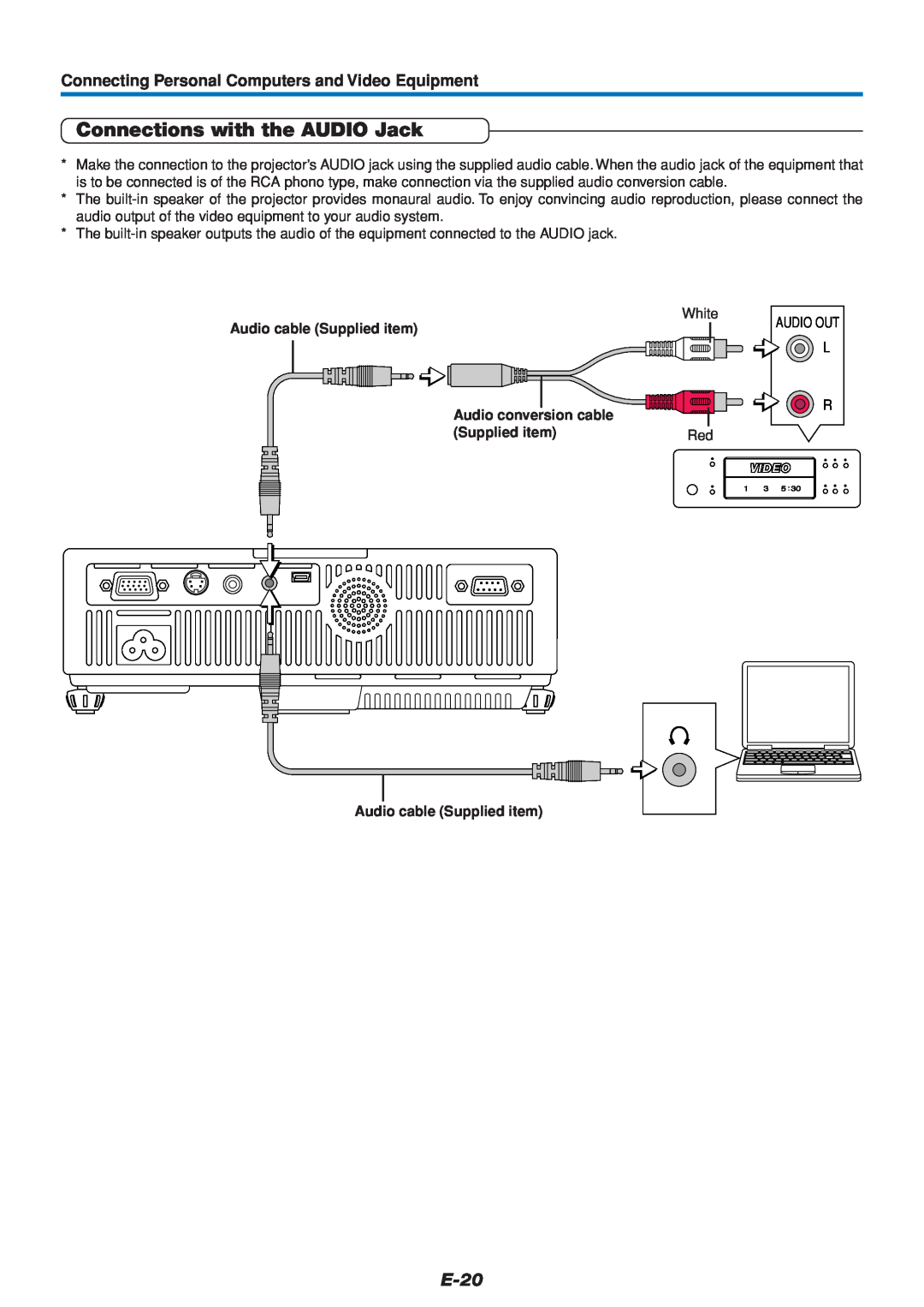 Mitsubishi Electronics DATA PROJECTOR user manual Connections with the AUDIO Jack, E-20, Audio cable Supplied item 