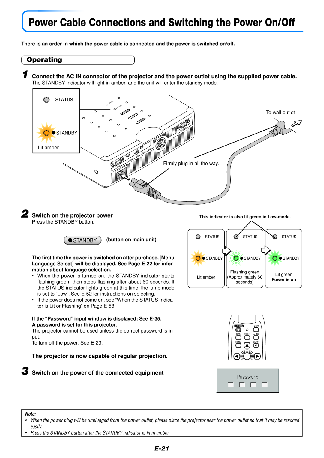 Mitsubishi Electronics DATA PROJECTOR user manual Operating, E-21, Power Cable Connections and Switching the Power On/Off 