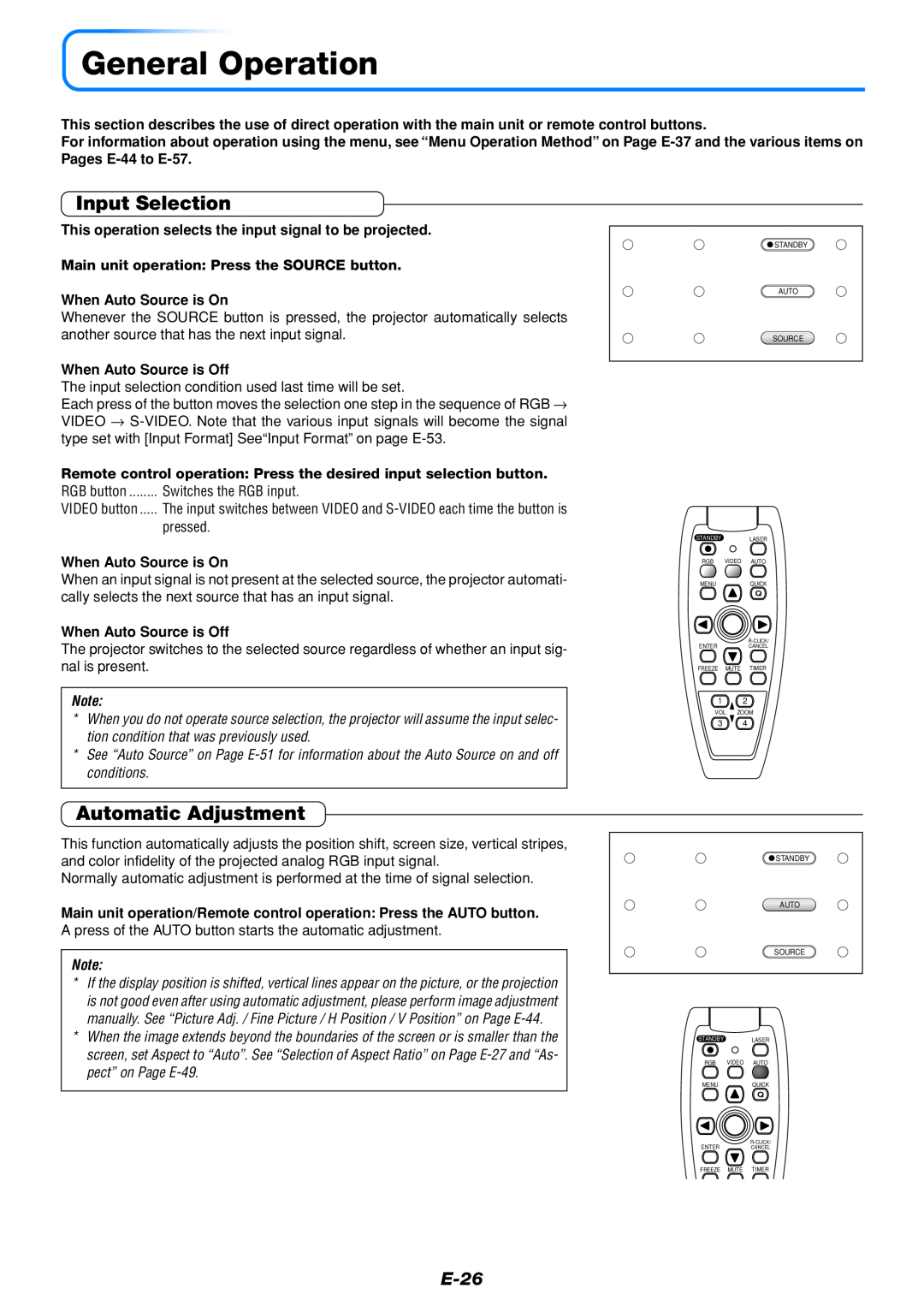 Mitsubishi Electronics DATA PROJECTOR user manual General Operation, Input Selection, Automatic Adjustment, E-26 
