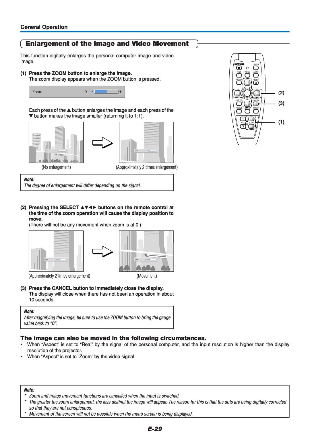 Mitsubishi Electronics DATA PROJECTOR user manual Enlargement of the Image and Video Movement, E-29, General Operation 