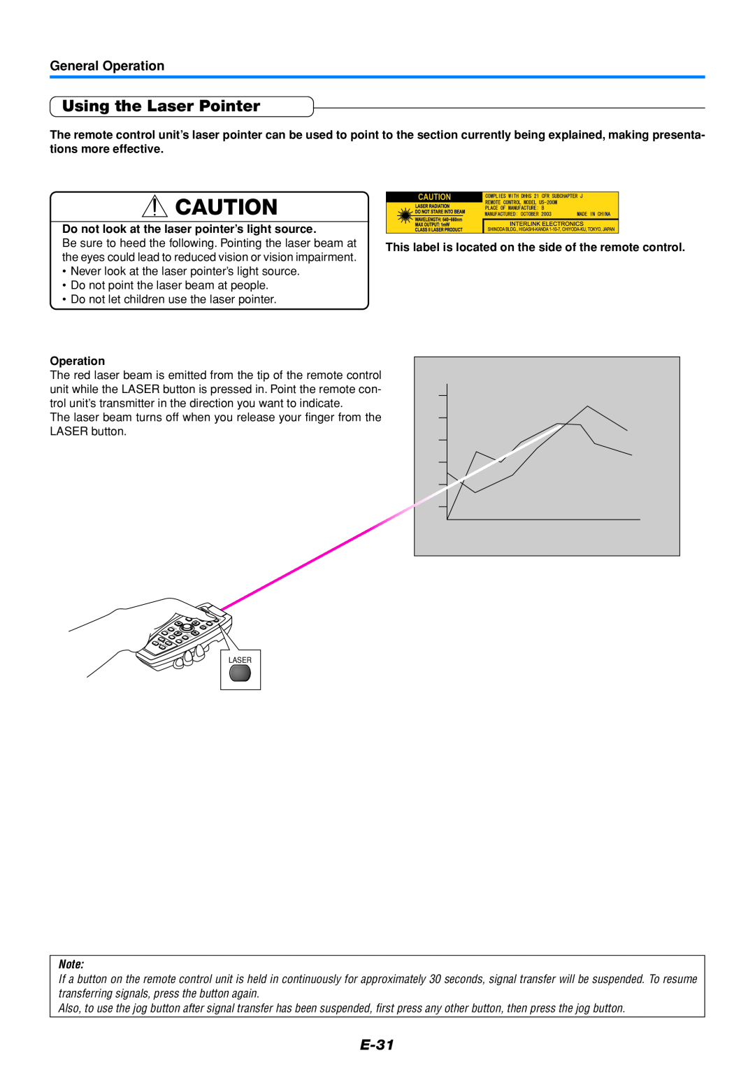 Mitsubishi Electronics DATA PROJECTOR user manual Using the Laser Pointer, E-31, General Operation 