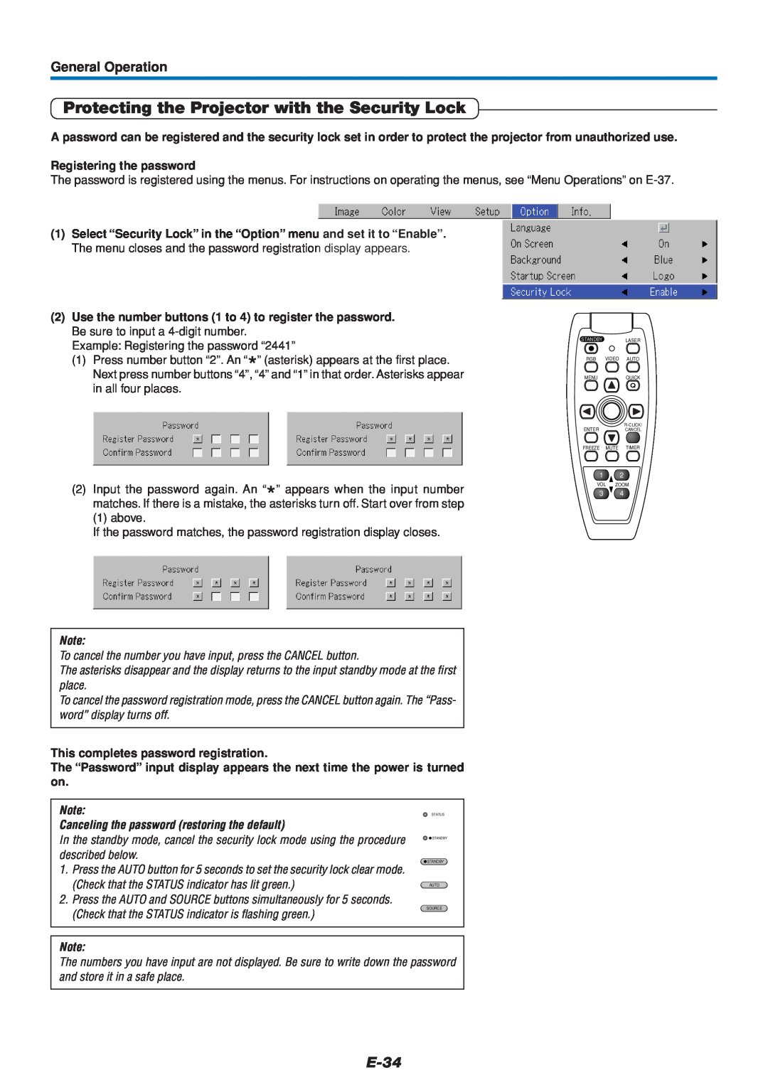 Mitsubishi Electronics DATA PROJECTOR user manual Protecting the Projector with the Security Lock, E-34, General Operation 