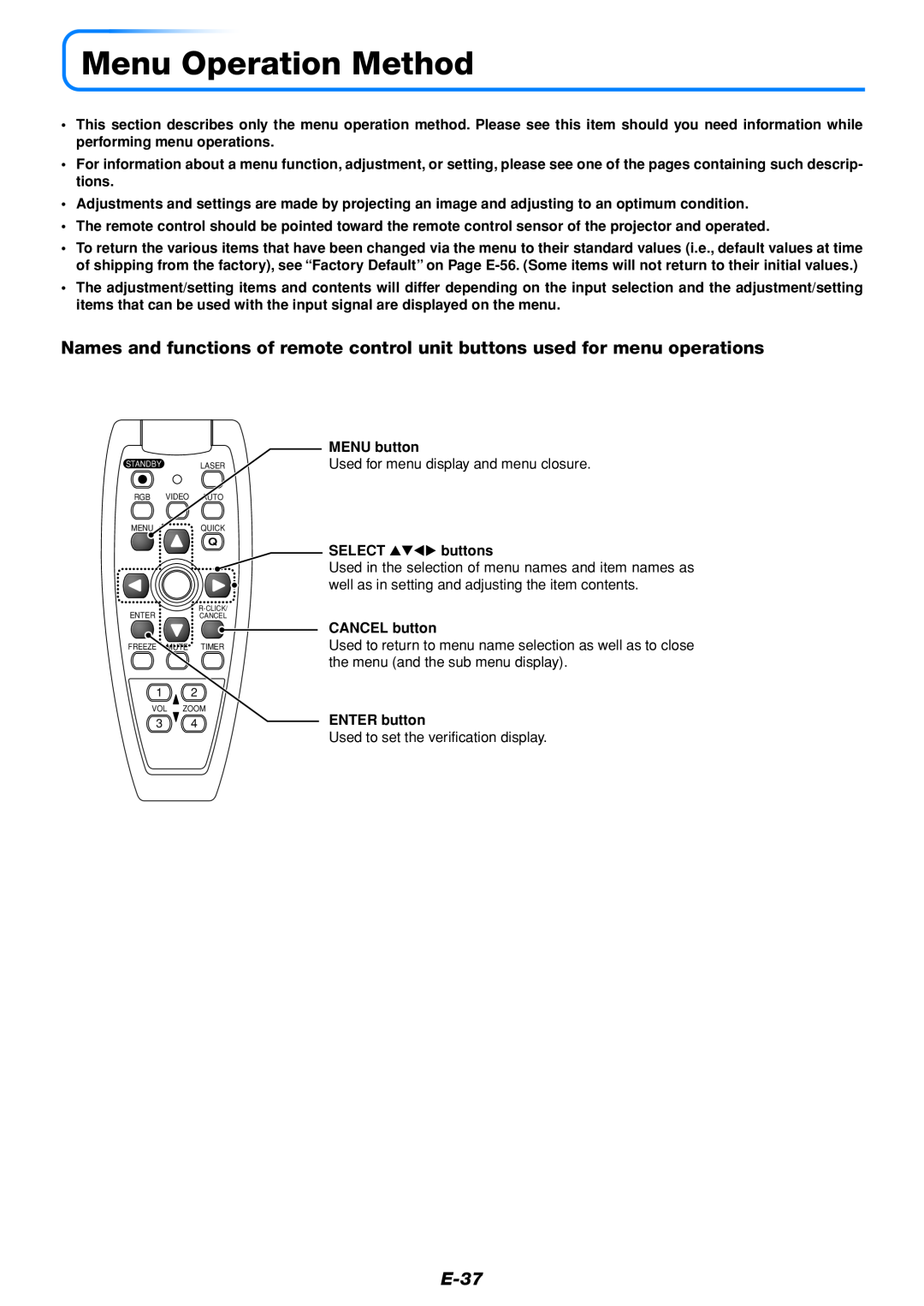 Mitsubishi Electronics DATA PROJECTOR user manual Menu Operation Method, E-37, MENU button, SELECT buttons, CANCEL button 