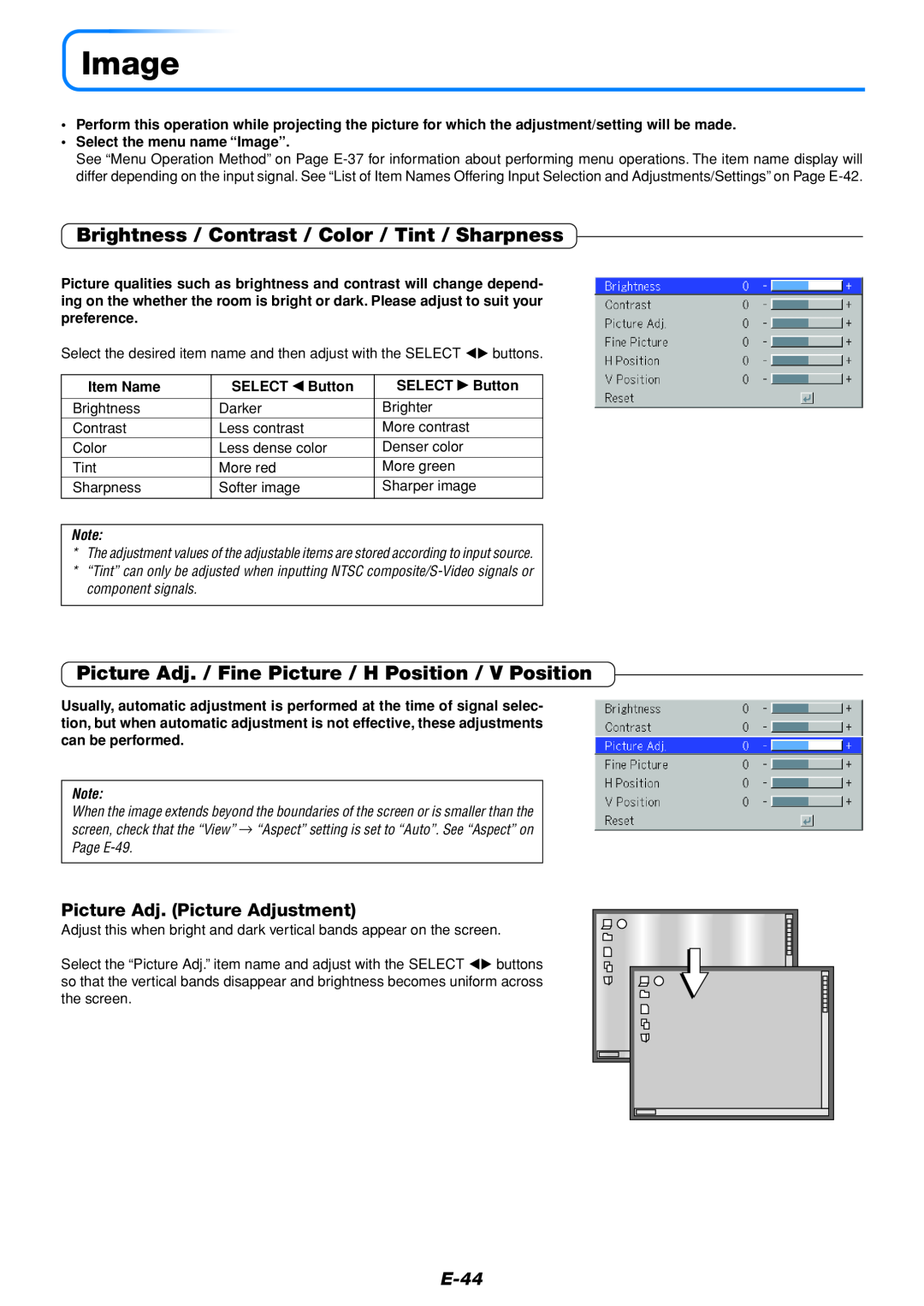 Mitsubishi Electronics DATA PROJECTOR user manual Image, Brightness / Contrast / Color / Tint / Sharpness, E-44, Item Name 