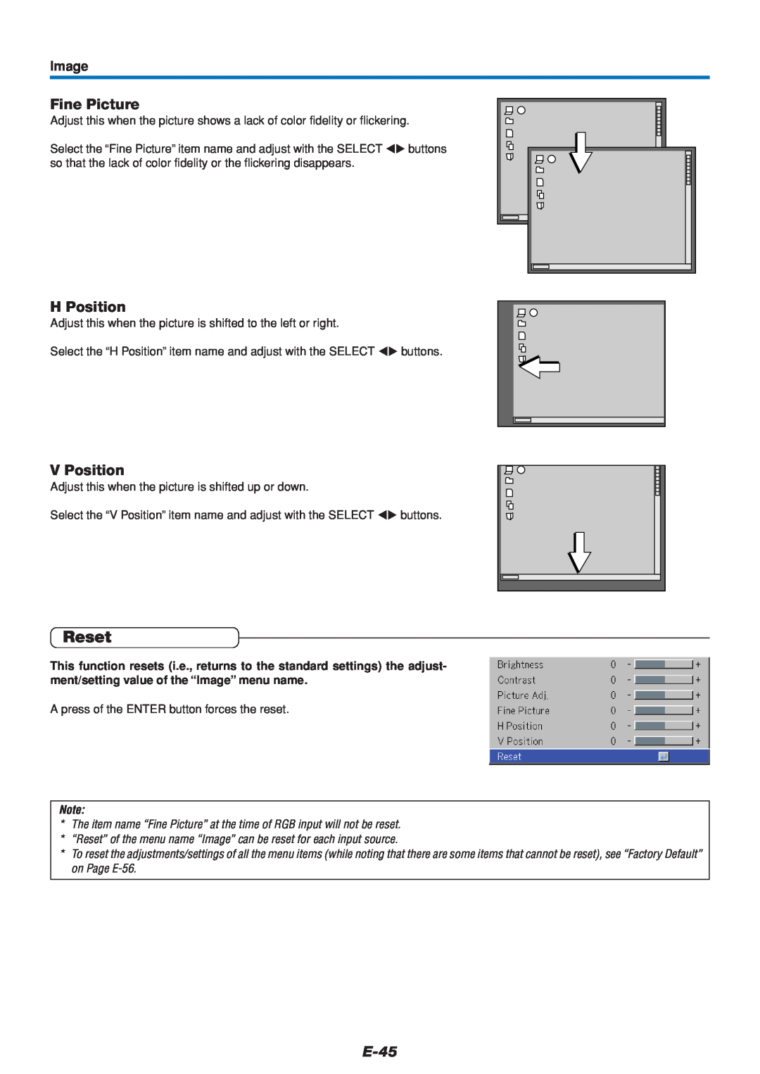 Mitsubishi Electronics DATA PROJECTOR user manual Reset, Fine Picture, H Position, V Position, E-45, Image 