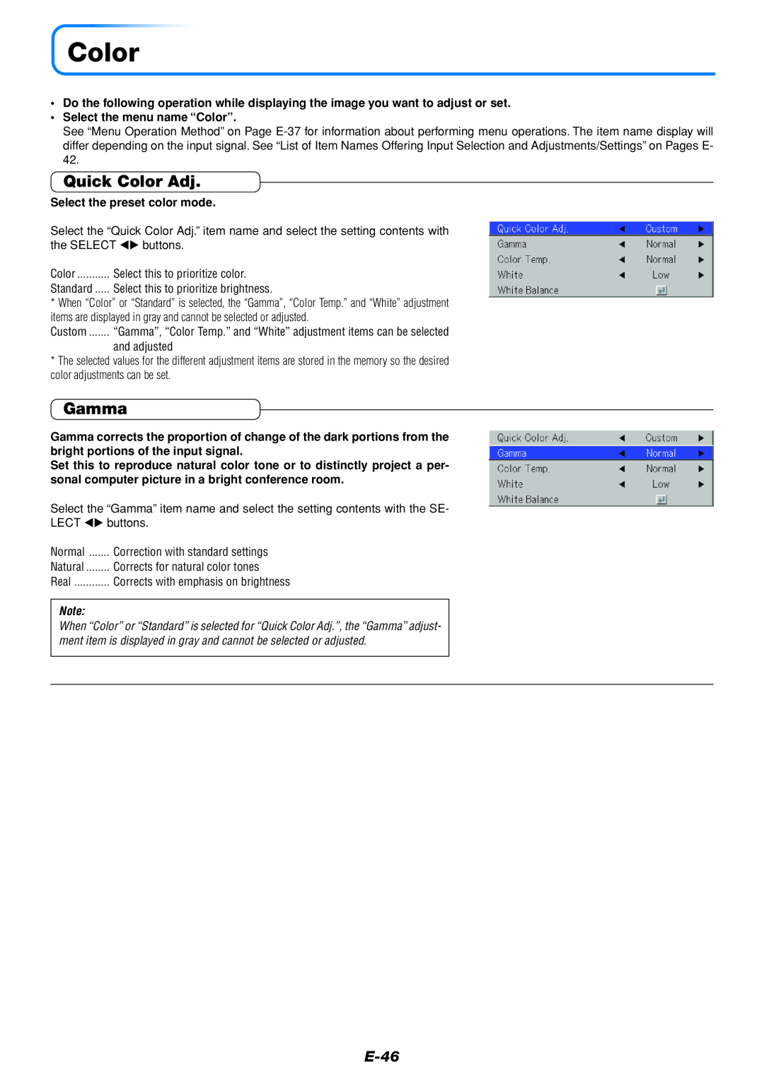 Mitsubishi Electronics DATA PROJECTOR user manual Quick Color Adj, Gamma, E-46, Select the menu name “Color” 
