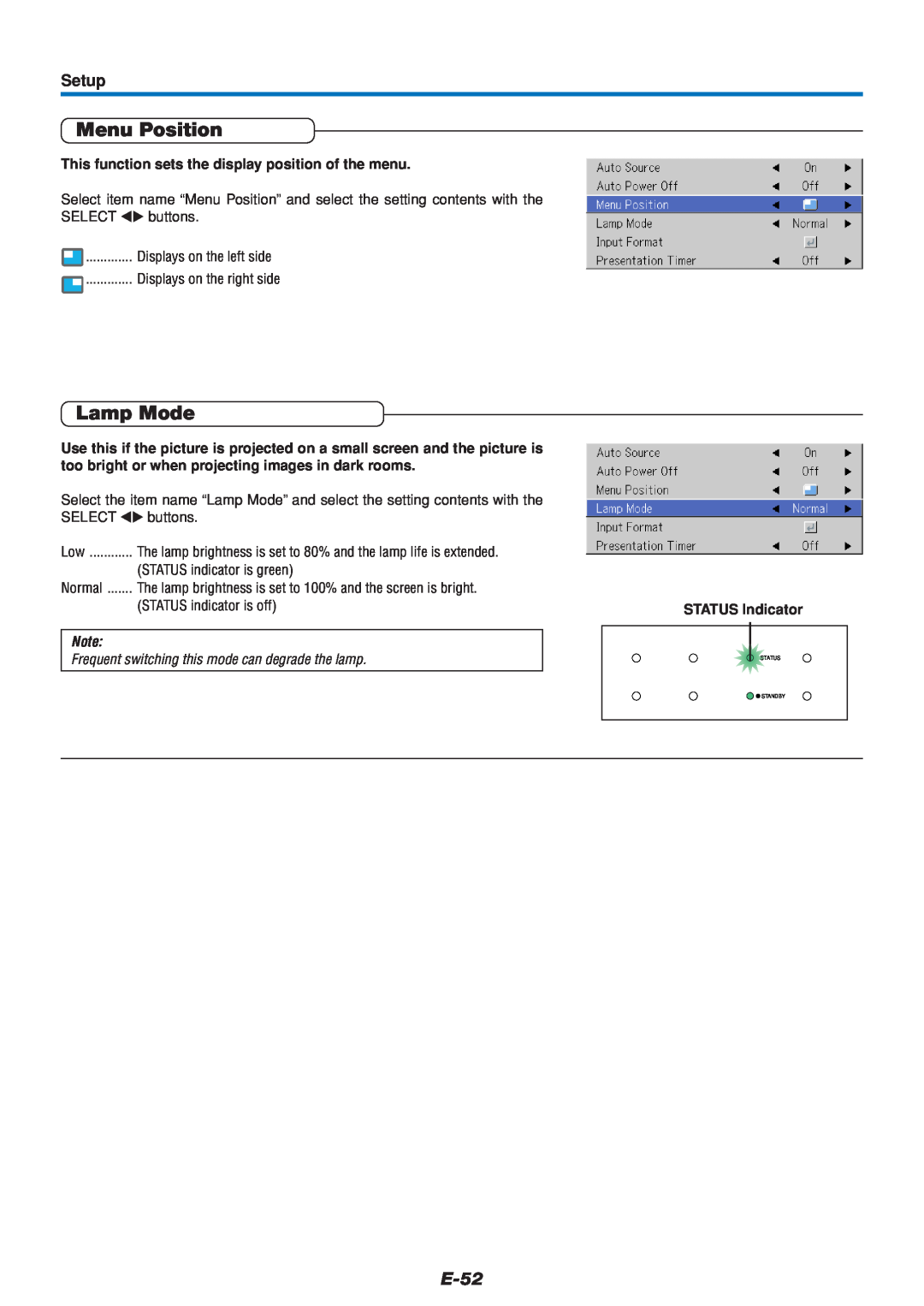 Mitsubishi Electronics DATA PROJECTOR user manual Menu Position, Lamp Mode, E-52, Setup, STATUS Indicator 