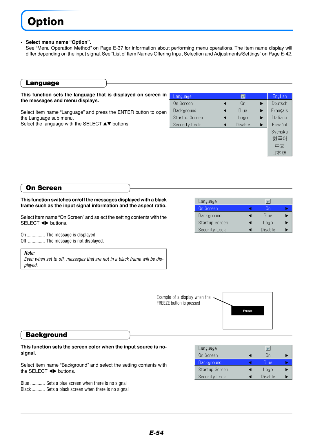 Mitsubishi Electronics DATA PROJECTOR user manual Language, On Screen, Background, E-54, Select menu name “Option” 
