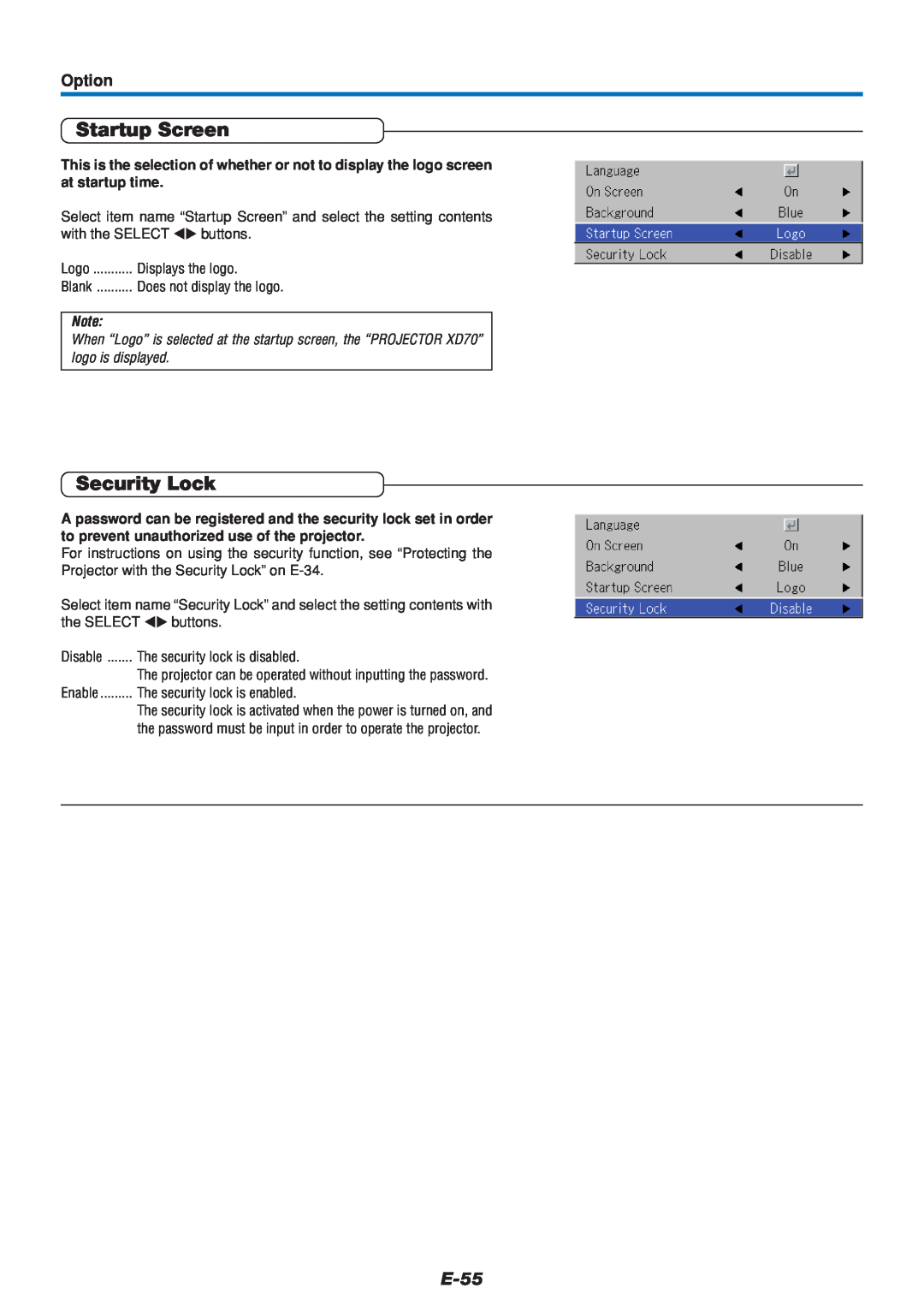 Mitsubishi Electronics DATA PROJECTOR user manual Startup Screen, Security Lock, E-55, Option 