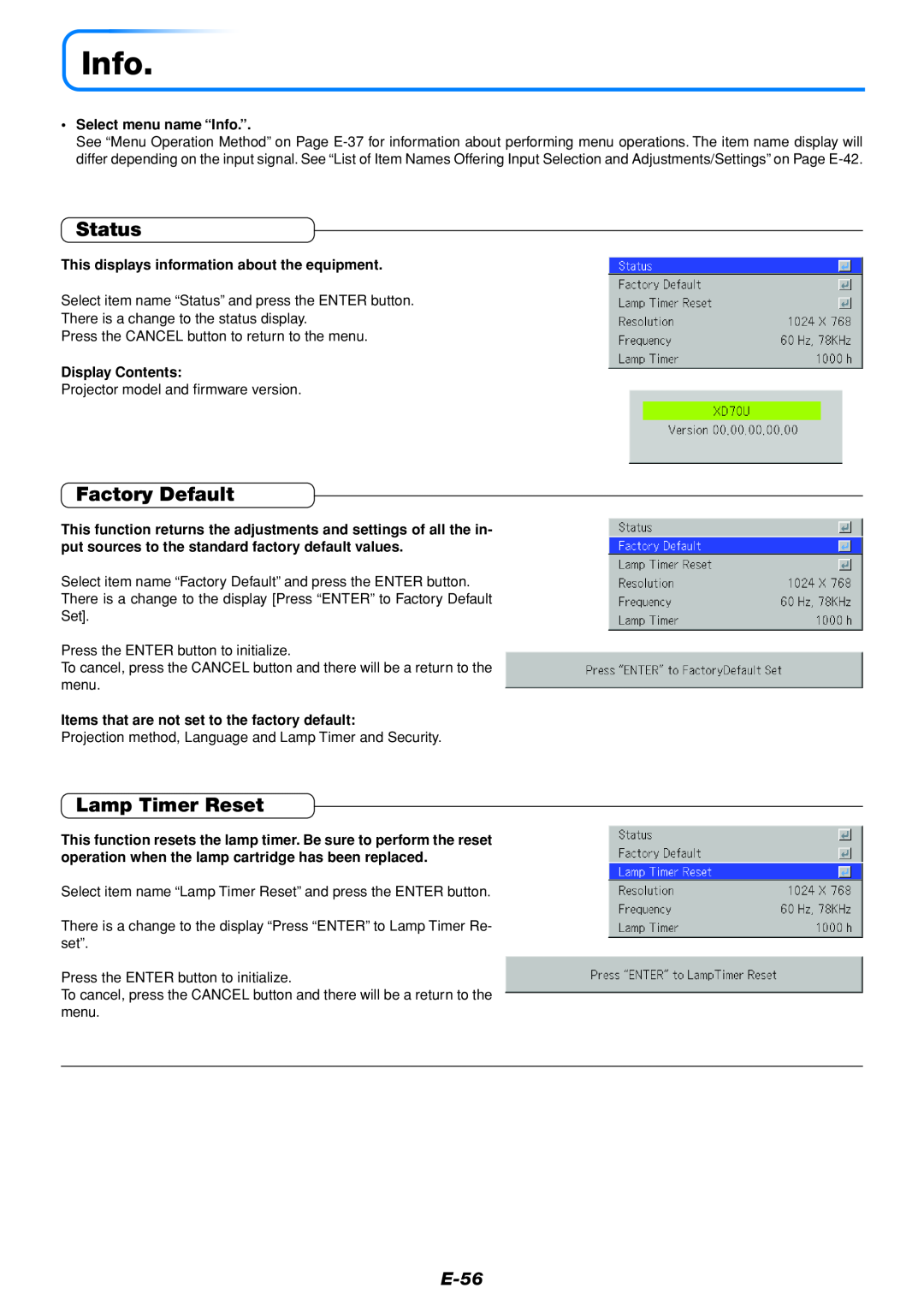 Mitsubishi Electronics DATA PROJECTOR Status, Factory Default, Lamp Timer Reset, E-56, Select menu name “Info.” 