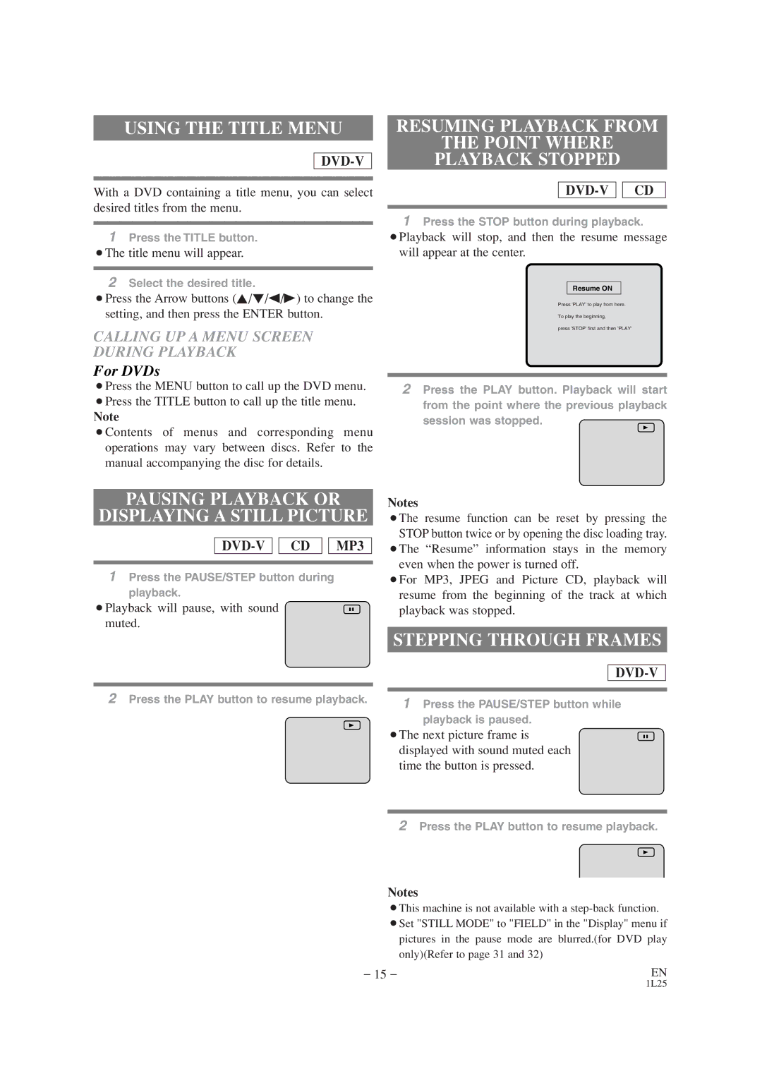 Mitsubishi Electronics DD-6050 manual Using the Title Menu, Pausing Playback or Displaying a Still Picture, For DVDs 