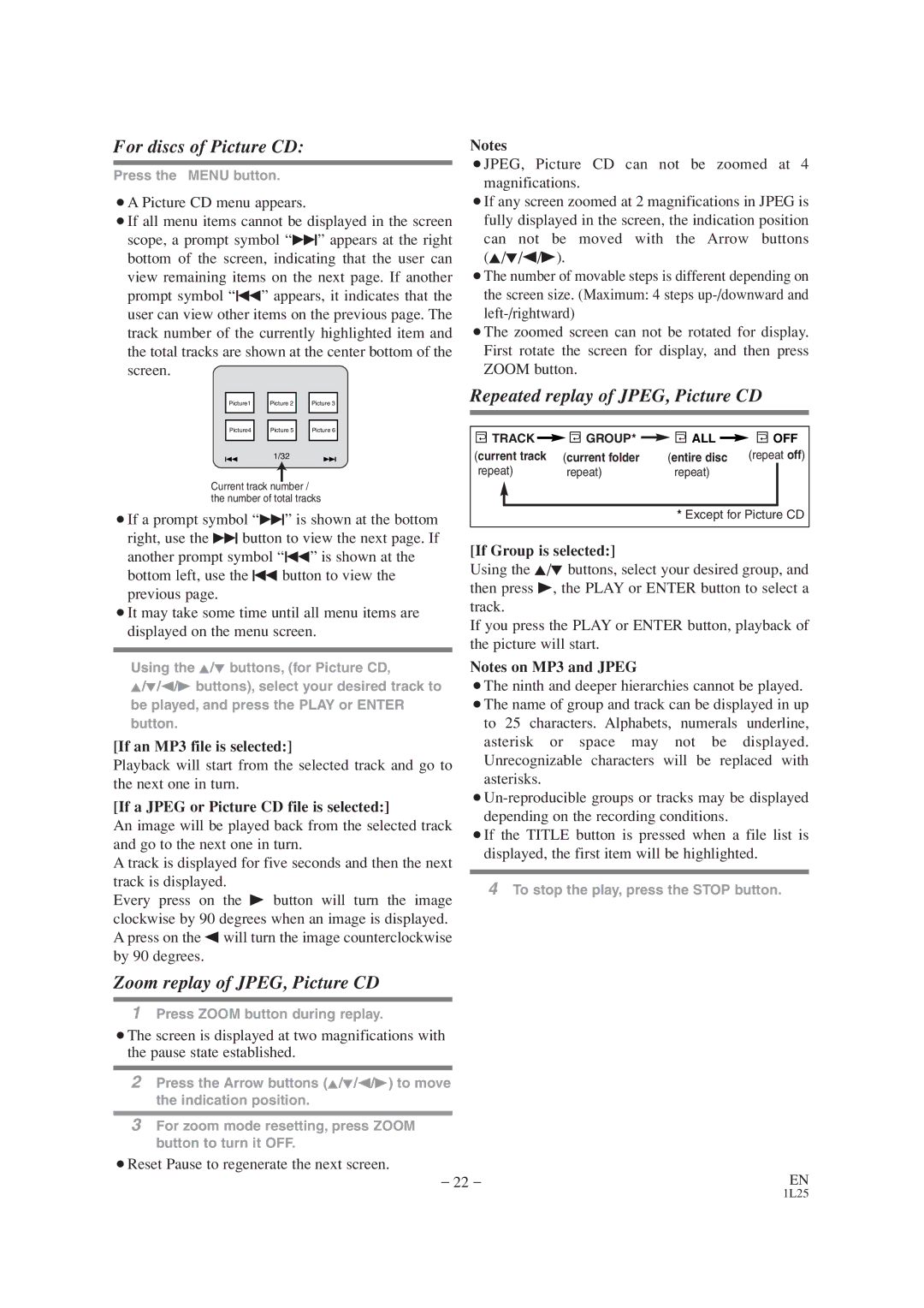 Mitsubishi Electronics DD-6050 manual For discs of Picture CD, Repeated replay of JPEG, Picture CD 