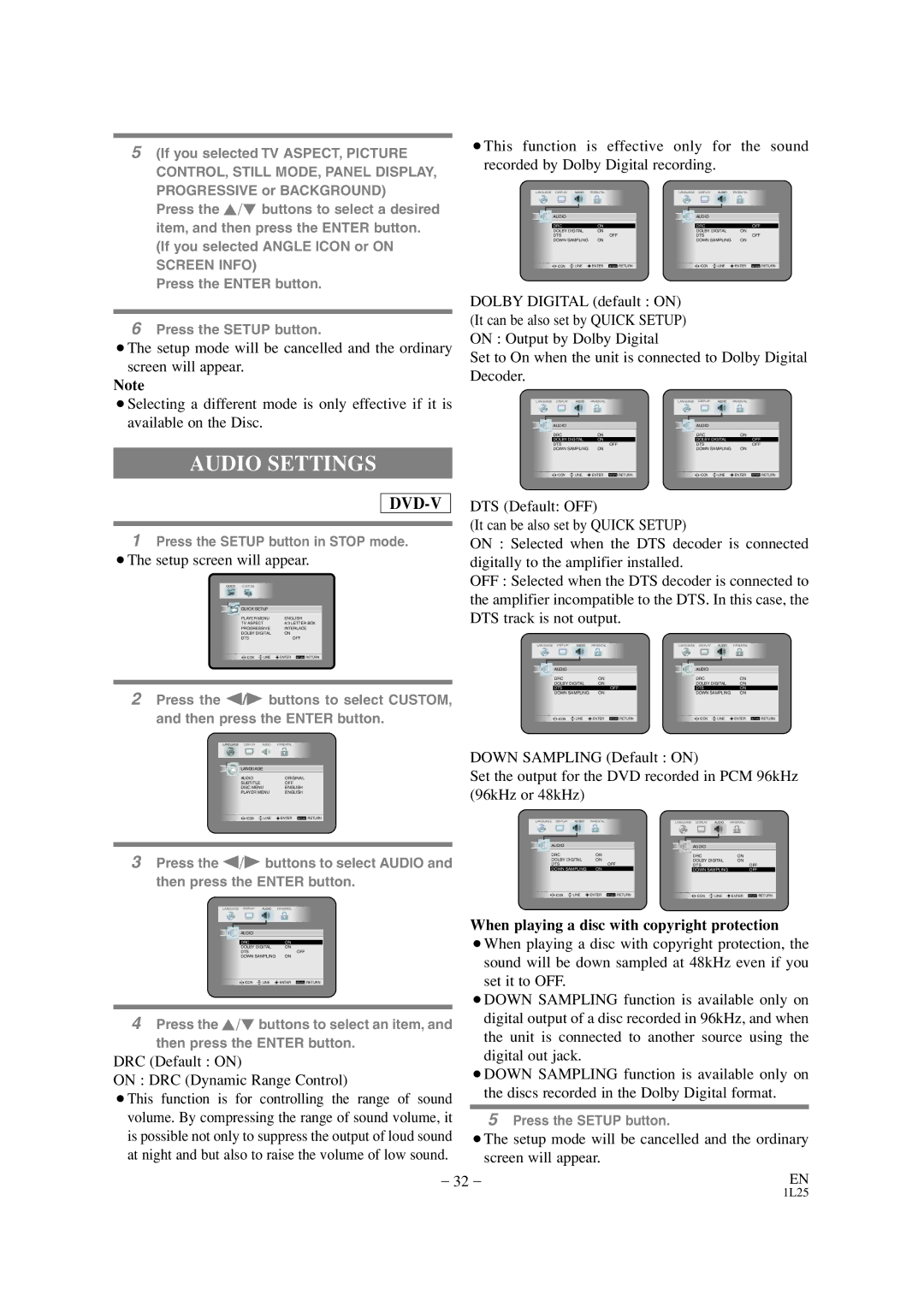 Mitsubishi Electronics DD-6050 manual Audio Settings, DRC Default on On DRC Dynamic Range Control 