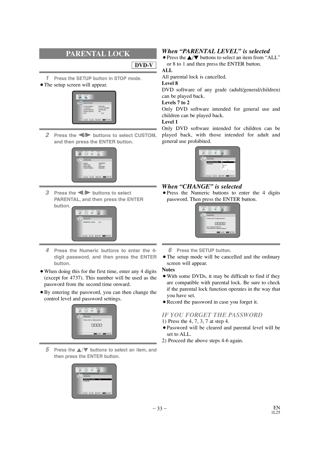 Mitsubishi Electronics DD-6050 manual Parental Lock, When Parental Level is selected, When Change is selected 