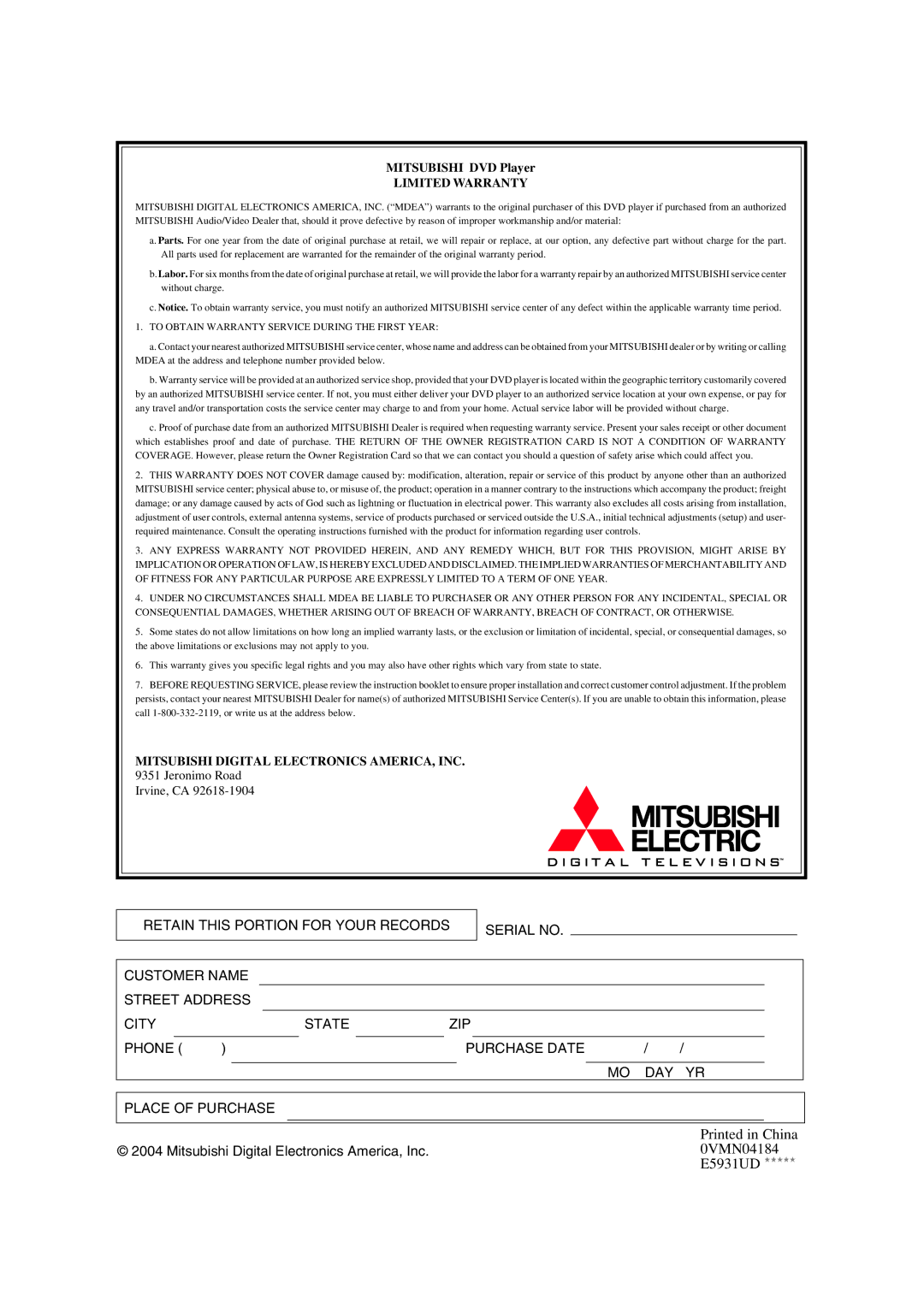 Mitsubishi Electronics DD-6050 manual 0VMN04184, E5931UD 