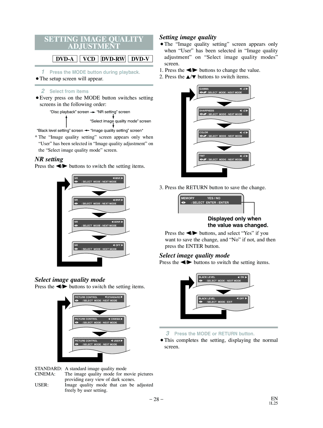 Mitsubishi Electronics DD-8040 manual Setting Image Quality Adjustment, NR setting, Select image quality mode 