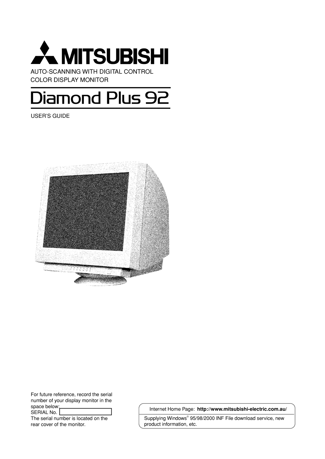 Mitsubishi Electronics Diamond Plus 92 manual AUTO-SCANNING with Digital Control Color Display Monitor 