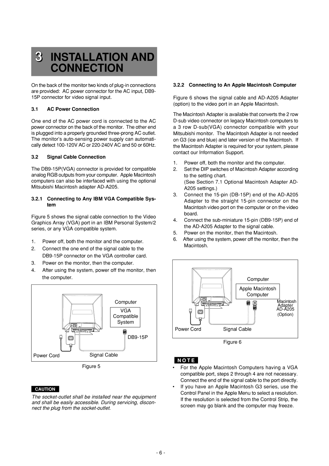 Mitsubishi Electronics Diamond Plus 92 manual Installation and Connection, AC Power Connection, Signal Cable Connection 