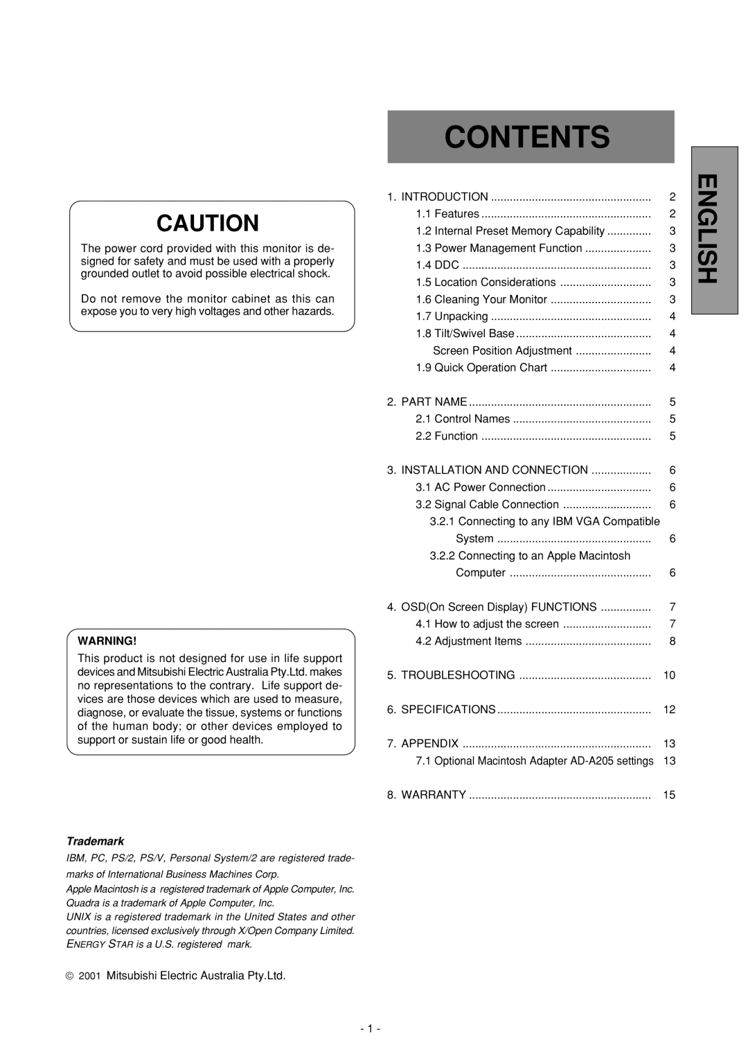 Mitsubishi Electronics Diamond Plus 92 manual Contents 