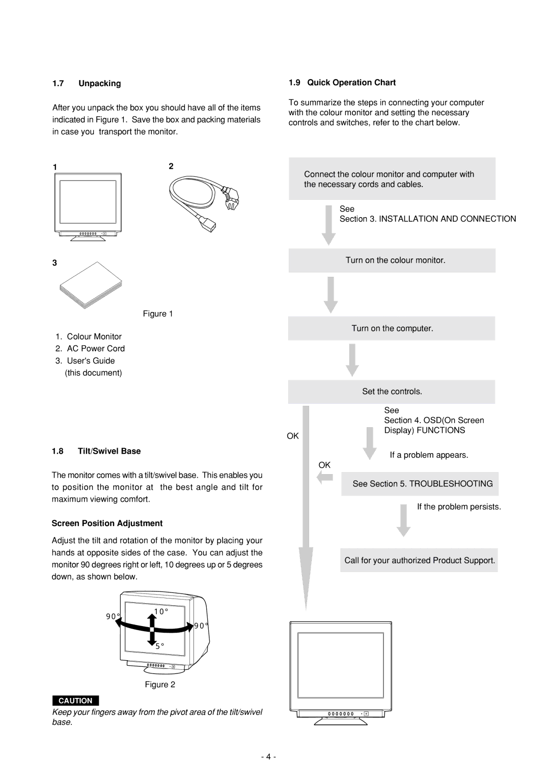 Mitsubishi Electronics Diamond Plus 92 Unpacking, Quick Operation Chart, Tilt/Swivel Base, Screen Position Adjustment 