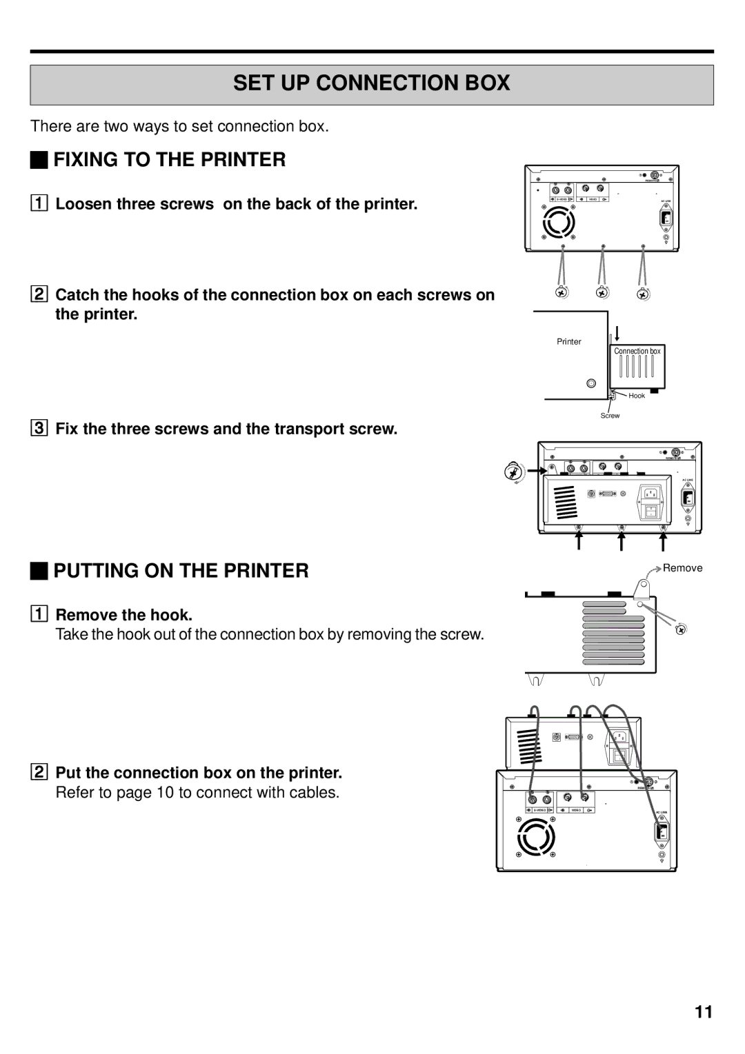 Mitsubishi Electronics DIS710E operation manual SET UP Connection BOX, Fixing to the Printer, Putting on the Printer 