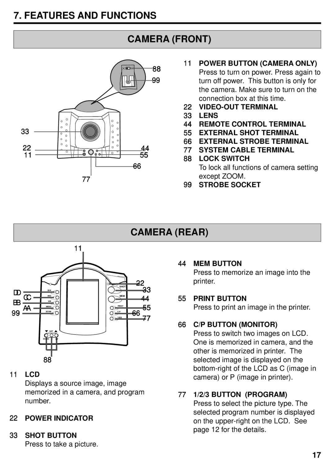 Mitsubishi Electronics DIS710E operation manual Features and Functions Camera Front, Rear 