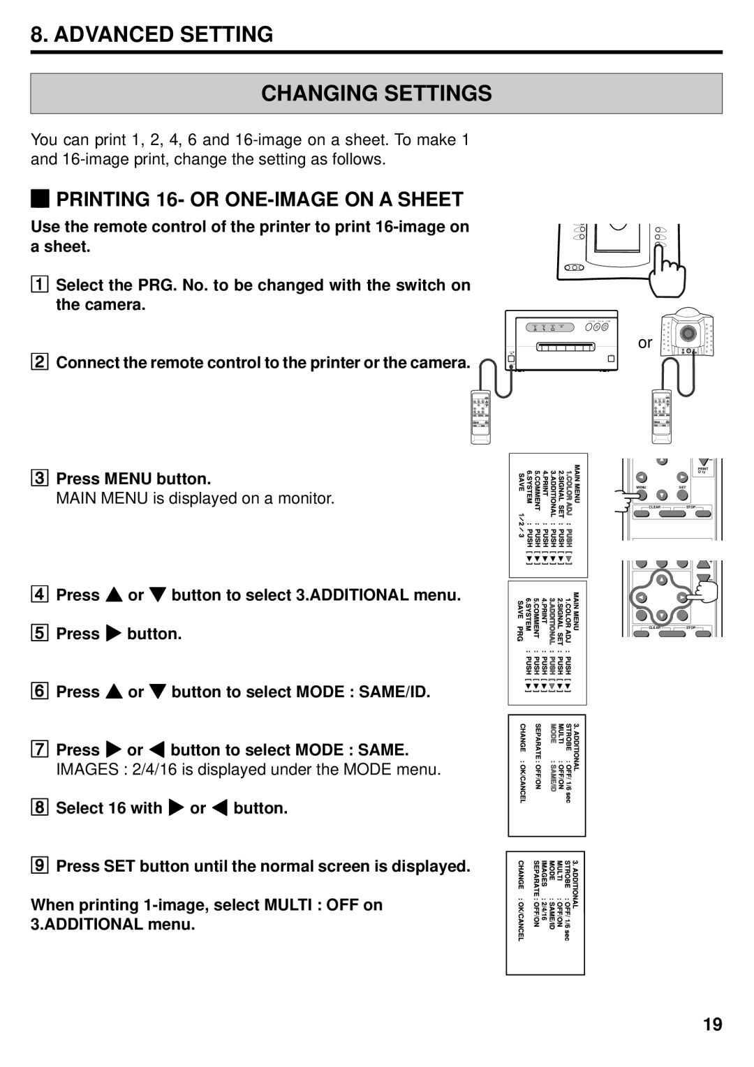 Mitsubishi Electronics DIS710E operation manual Advanced Setting Changing Settings, Printing 16- or ONE-IMAGE on a Sheet 