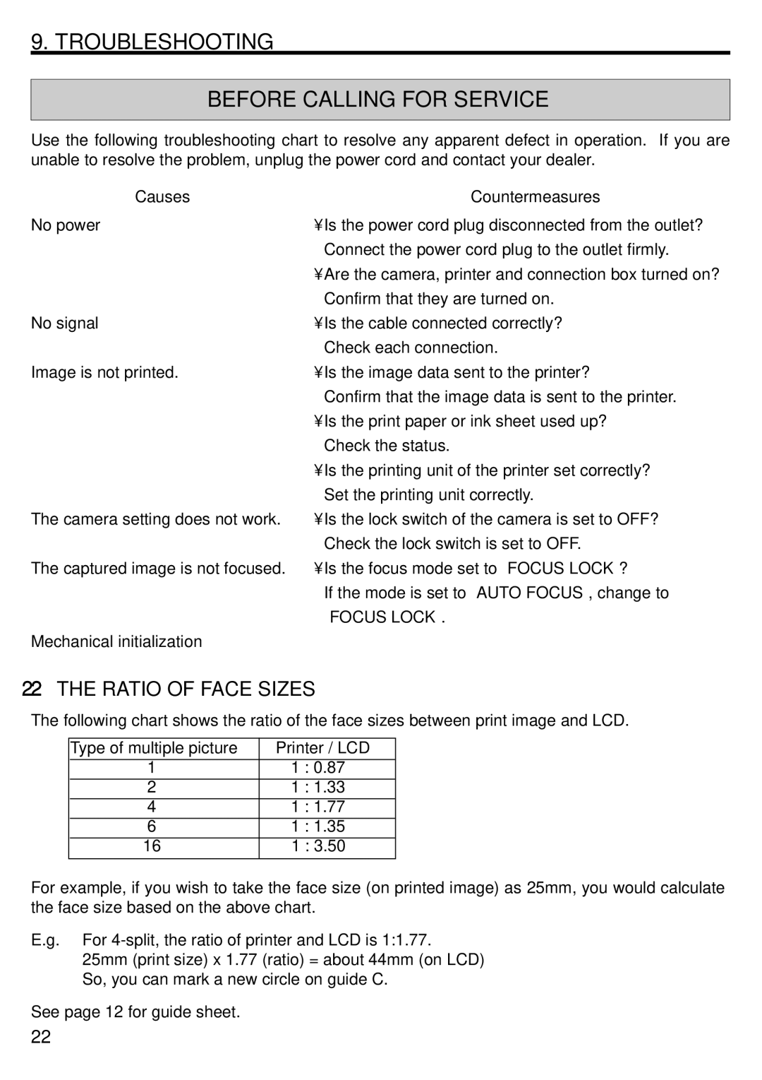 Mitsubishi Electronics DIS710E operation manual Troubleshooting Before Calling for Service, Ratio of Face Sizes 