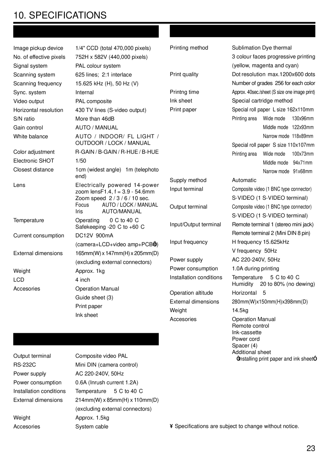 Mitsubishi Electronics DIS710E operation manual Specifications, Camera Printer 