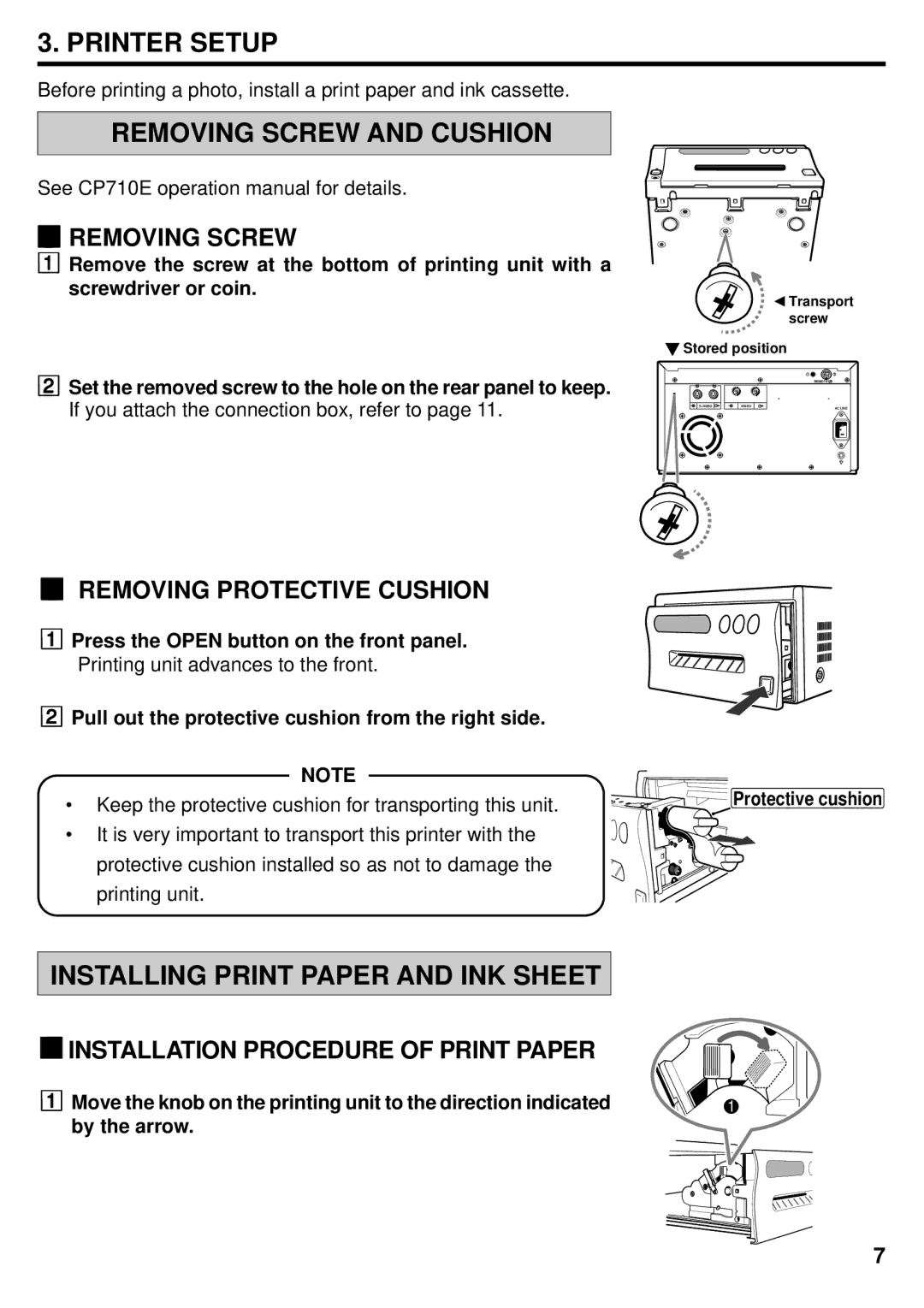 Mitsubishi Electronics DIS710E Printer Setup, Removing Screw and Cushion, Installing Print Paper and INK Sheet 