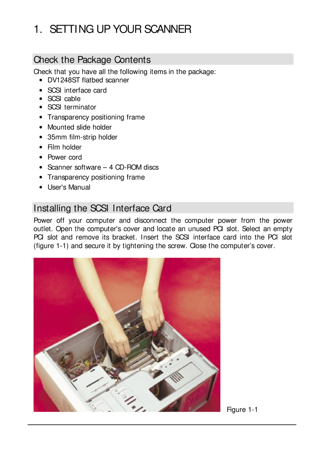 Mitsubishi Electronics DV1248ST Setting UP Your Scanner, Check the Package Contents, Installing the Scsi Interface Card 