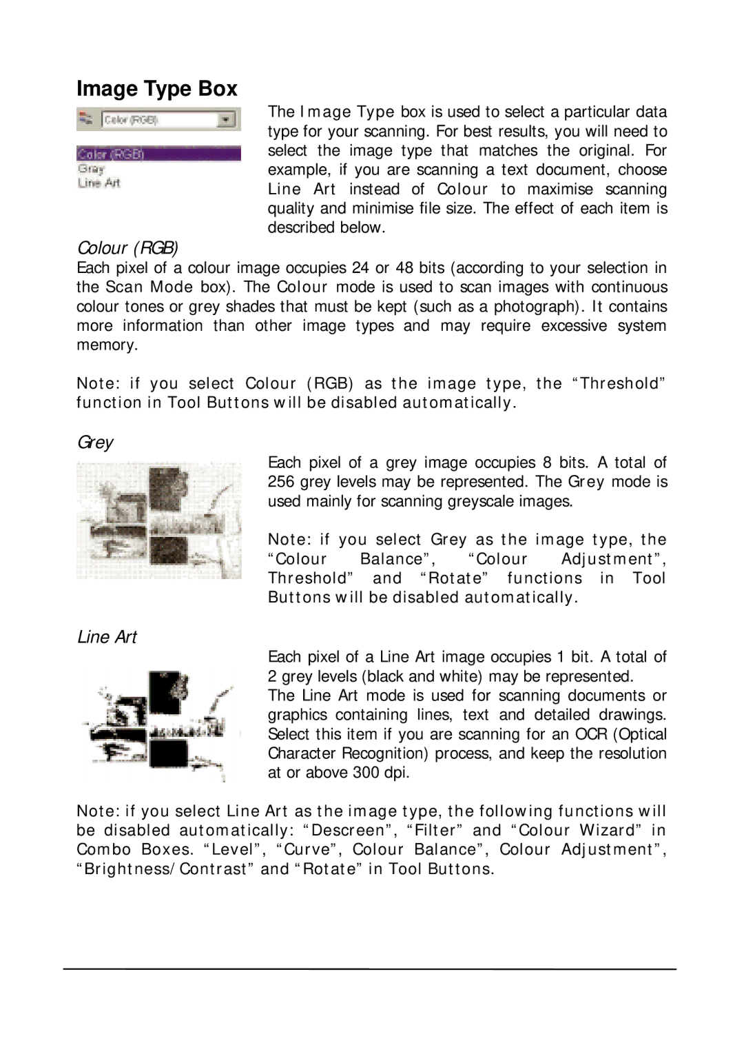 Mitsubishi Electronics DV1248ST user manual Image Type Box, Colour RGB, Grey, Line Art 