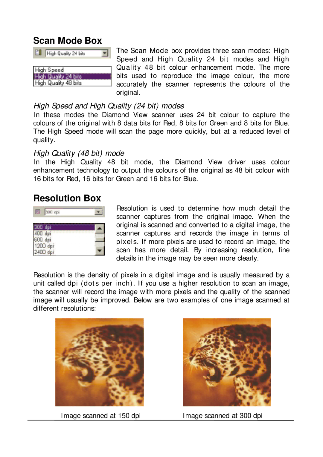 Mitsubishi Electronics DV1248ST user manual Scan Mode Box, Resolution Box, High Speed and High Quality 24 bit modes 